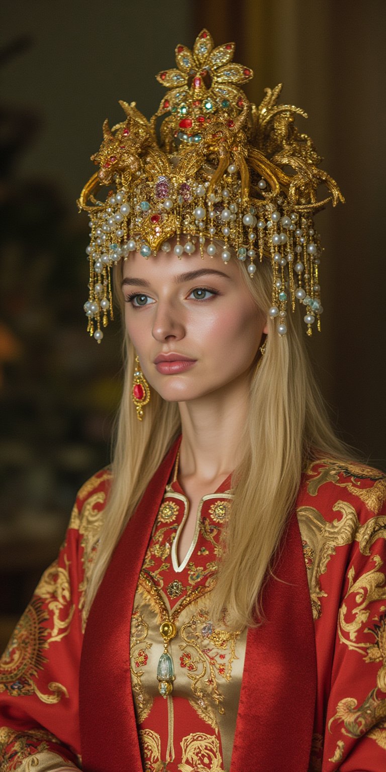 A stunning (Asian woman), wearing an opulent ancient Chinese empress costume,Her Slavic features, -blue eyes and fair skin, contrast beautifully with the ornate Chinese attire, Elaborate headdress adorned with gold filigree, jade beads, and hanging pearls, Intricate phoenix crown with delicate golden leaves and gemstones,Layered silk robes in rich red and gold, embroidered with dragons and auspicious symbols, Wide, flowing sleeves with detailed embroidery, Ornate collar piece studded with precious stones,Long blonde hair partially visible beneath the headdress,Beautiful woman,Photorealistic, cinematic 