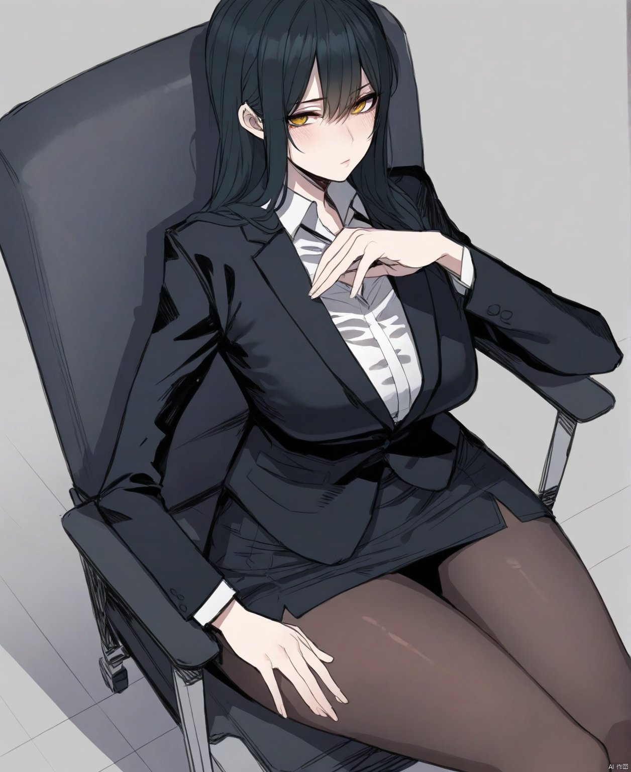 solo,highly detailed,(best quality),((masterpiece)),1girl,black hair,simple_background,long hair,shouhui,shirt,skirt suit,pantyhose,sitting,rata