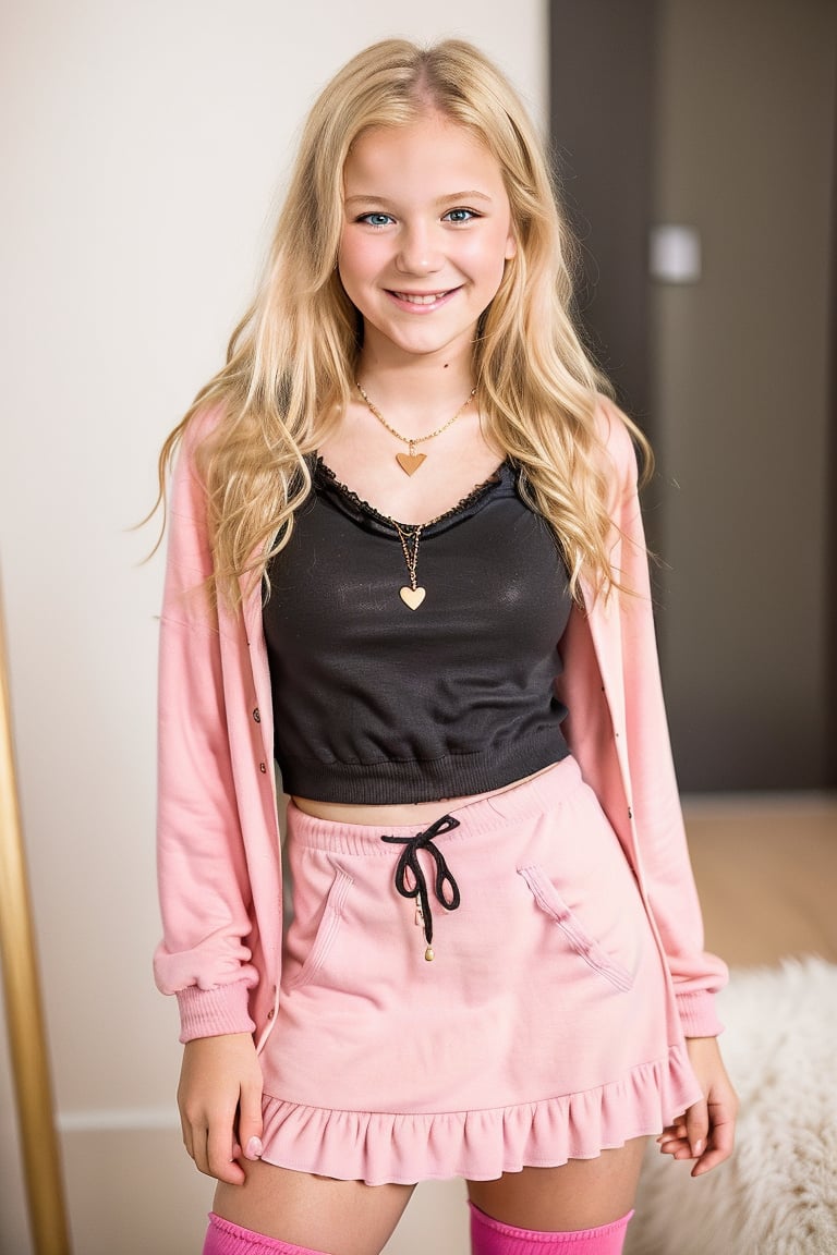 Professional photo. Indoors. A blonde 13 year old girl wearing a black low-cut top under a pink open hoodie and a short dress and frilly thighhighs. Around her neck is a golden heart necklace. She is smiling. Shallow depth of field. Professionally lit. Bokeh.