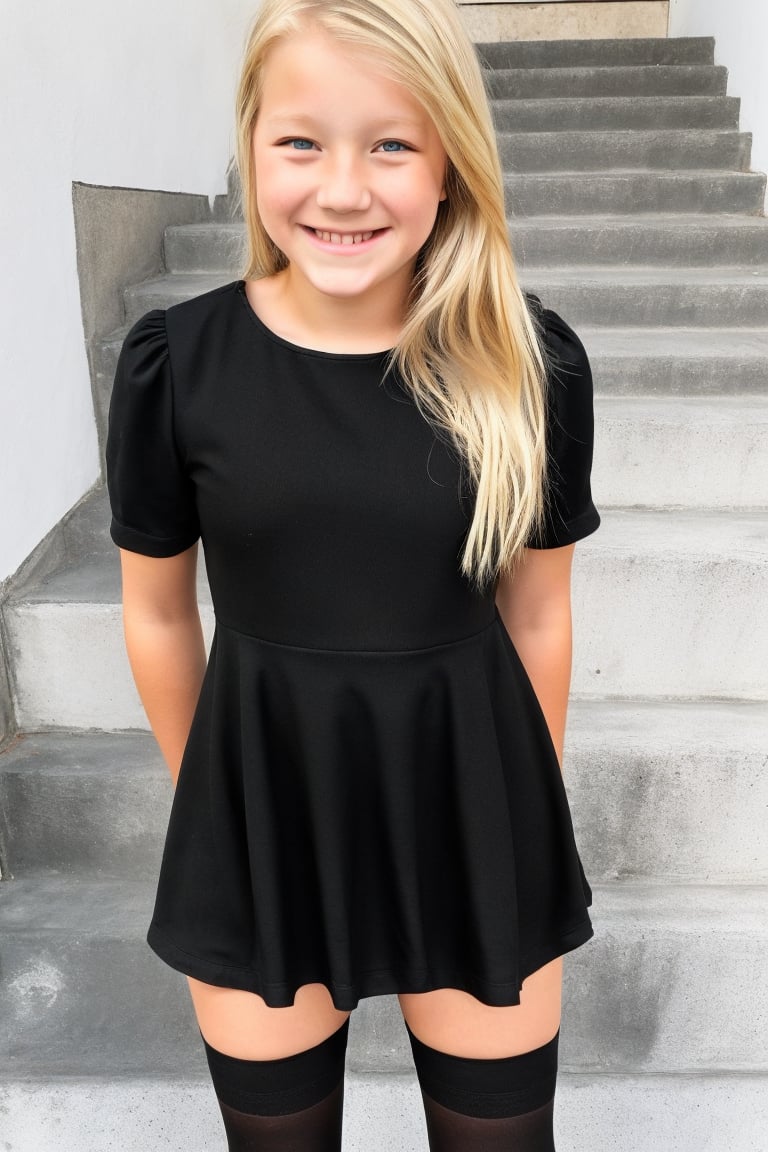 A blonde 13 year old girl wearing a short black dress and black thighhighs. She is smiling.