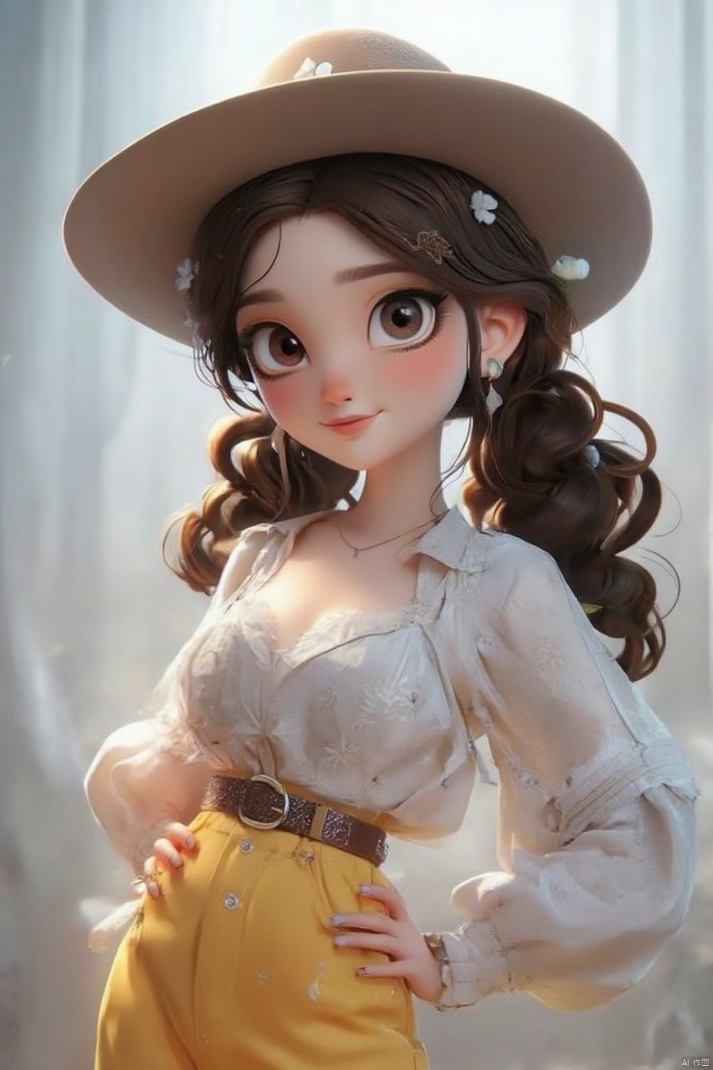 1girl, solo, long hair, breasts, looking at viewer, smile, shirt, brown hair, long sleeves, hat, cleavage, jewelry, twintails, brown eyes, ass, flower, cowboy shot, earrings, pants, belt, necklace, nail polish, hand on own hip, drill hair, white flower, high-waist pants, yellow pants