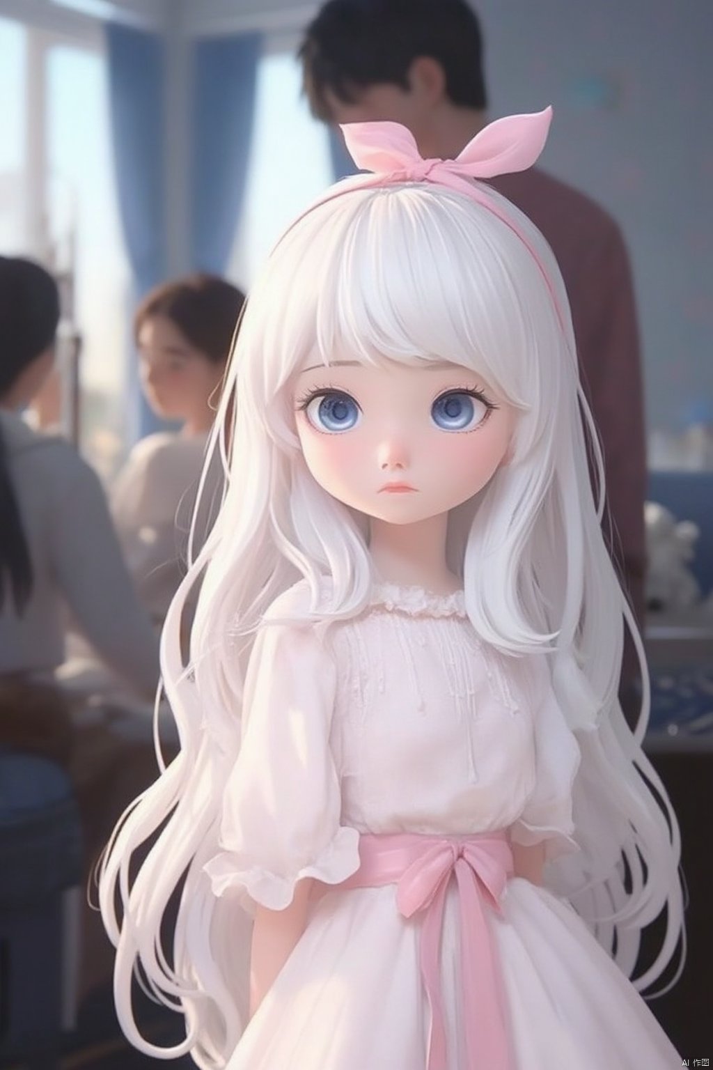 The image is an illustration of a young girl with long white hair and blue eyes. She is standing in front of a window with a blue curtain, and there are other people visible in the background. The girl is wearing a white dress with a pink ribbon tied around her waist and a pink bow on her head. She has a serious expression on her face and is looking off to the side. The overall mood of the image is peaceful and serene.