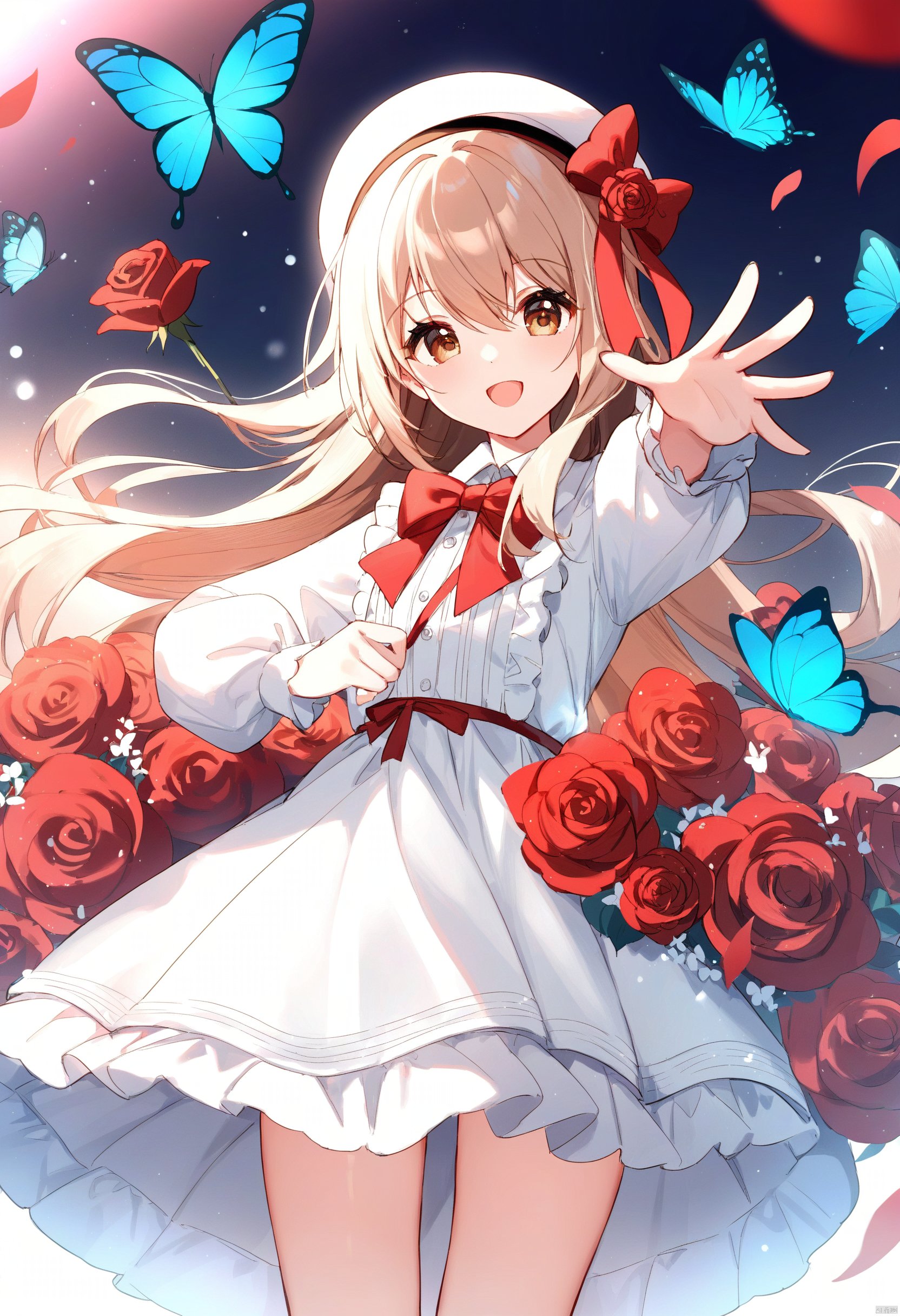 masterpiece,best quality,masterpiece,best quality, 
1girl, solo, long hair, looking at viewer, smile, open mouth, bangs, skirt, shirt, long sleeves, hat, dress, bow, hair between eyes, brown eyes, very long hair, standing, white shirt, flower, :d, frills, white dress, red bow, book, rose, white skirt, bug, outstretched arm, butterfly, 
BREAK fine fabric emphasis,best quality,masterpiece,best quality,amazing quality,very aesthetic,absurdres,best quality,amazing quality,very aesthetic,absurdres,Highly detailed,best quality,masterpiece,Highly detailed,