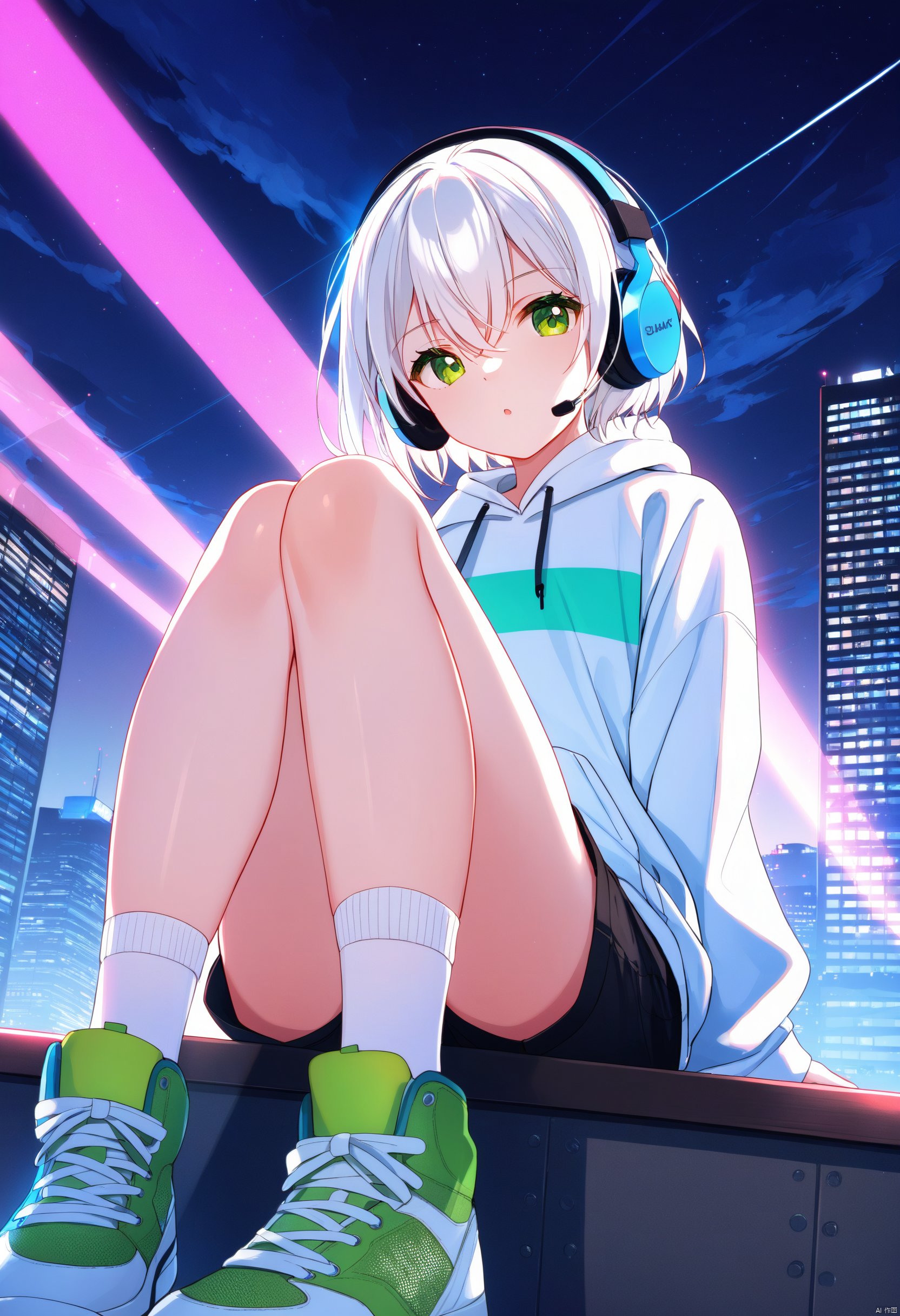 masterpiece,best quality,masterpiece,best quality, 
1girl, solo.green eyes, short hair, white hair, hair between eyes, bangs, headphones, white hoodie, flat chest, shorts, socks, sneakers, long sleeves; sitting,looking at viewer,knees together.from below,close up. beautiful sky,clouds,detailed lighting,ray tracing,complex lighting,urban skylines,city rooftop,night starry sky. High and low buildings, modern buildings,City Center Skyscrapers,LED shines brightly. 
BREAK fine fabric emphasis,best quality,masterpiece,best quality,amazing quality,very aesthetic,absurdres,best quality,amazing quality,very aesthetic,absurdres,Highly detailed,best quality,masterpiece,Highly detailed,