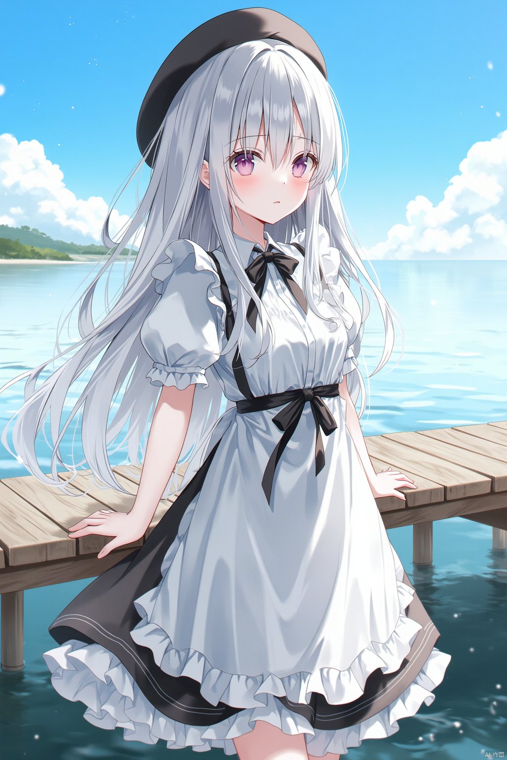 The image is an illustration of a young girl with long white hair and a black hat. She is standing on a wooden pier with a beautiful view of the ocean in the background. The girl is wearing a white dress with a black ribbon tied around her waist and a white apron. She has a sad expression on her face and is looking off into the distance. The sky is blue with white clouds and the ocean is a deep blue-green color. The overall mood of the image is peaceful and serene.