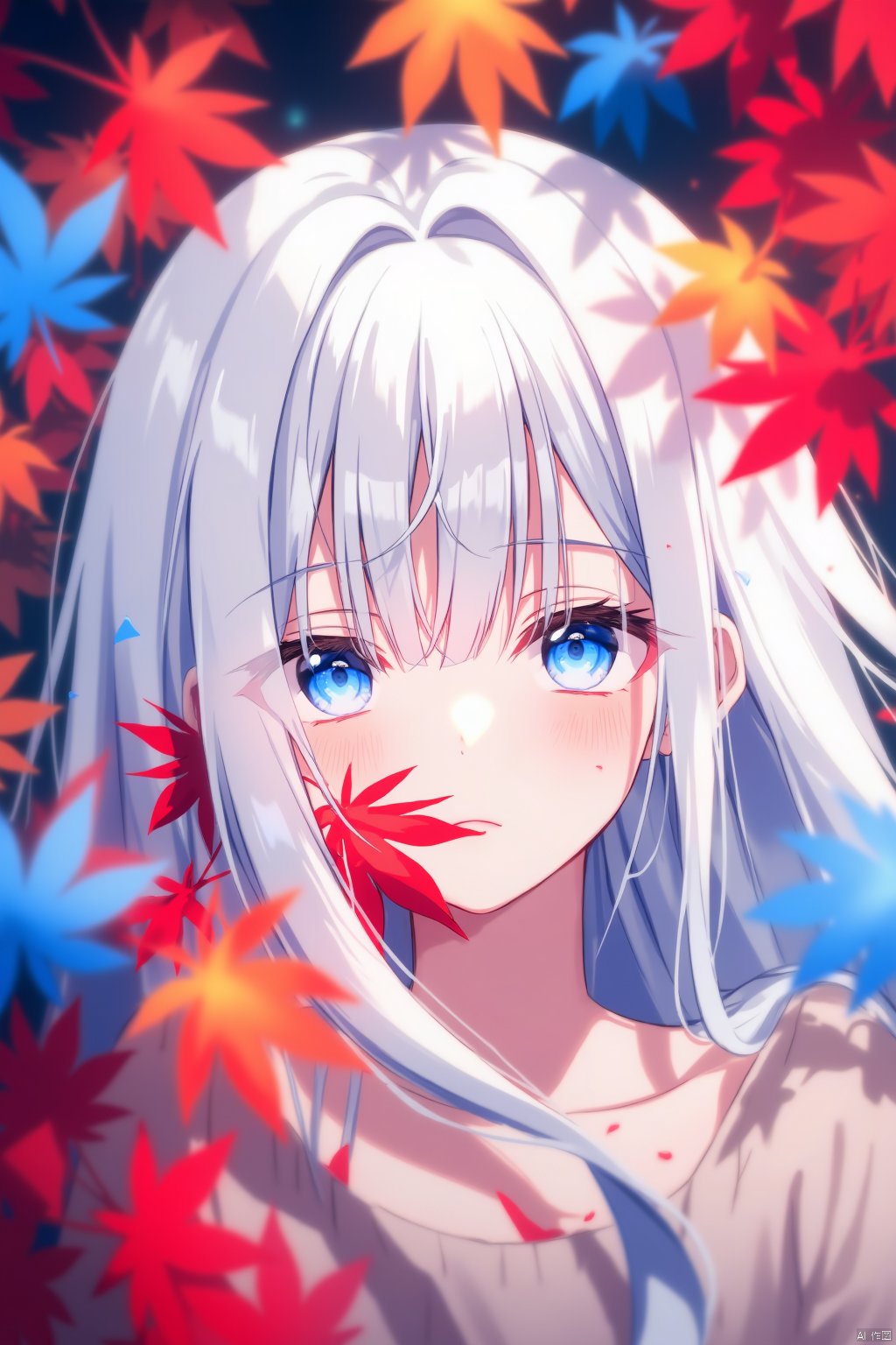 The image is a digital illustration of a young girl with long white hair and blue eyes. She is standing in front of a background of red and blue leaves, which are scattered around her. The leaves are in various shades of red, orange, and yellow, creating a vibrant and colorful scene. The girl's face is partially obscured by the leaves, with her eyes looking directly at the viewer. The overall mood of the image is peaceful and serene.