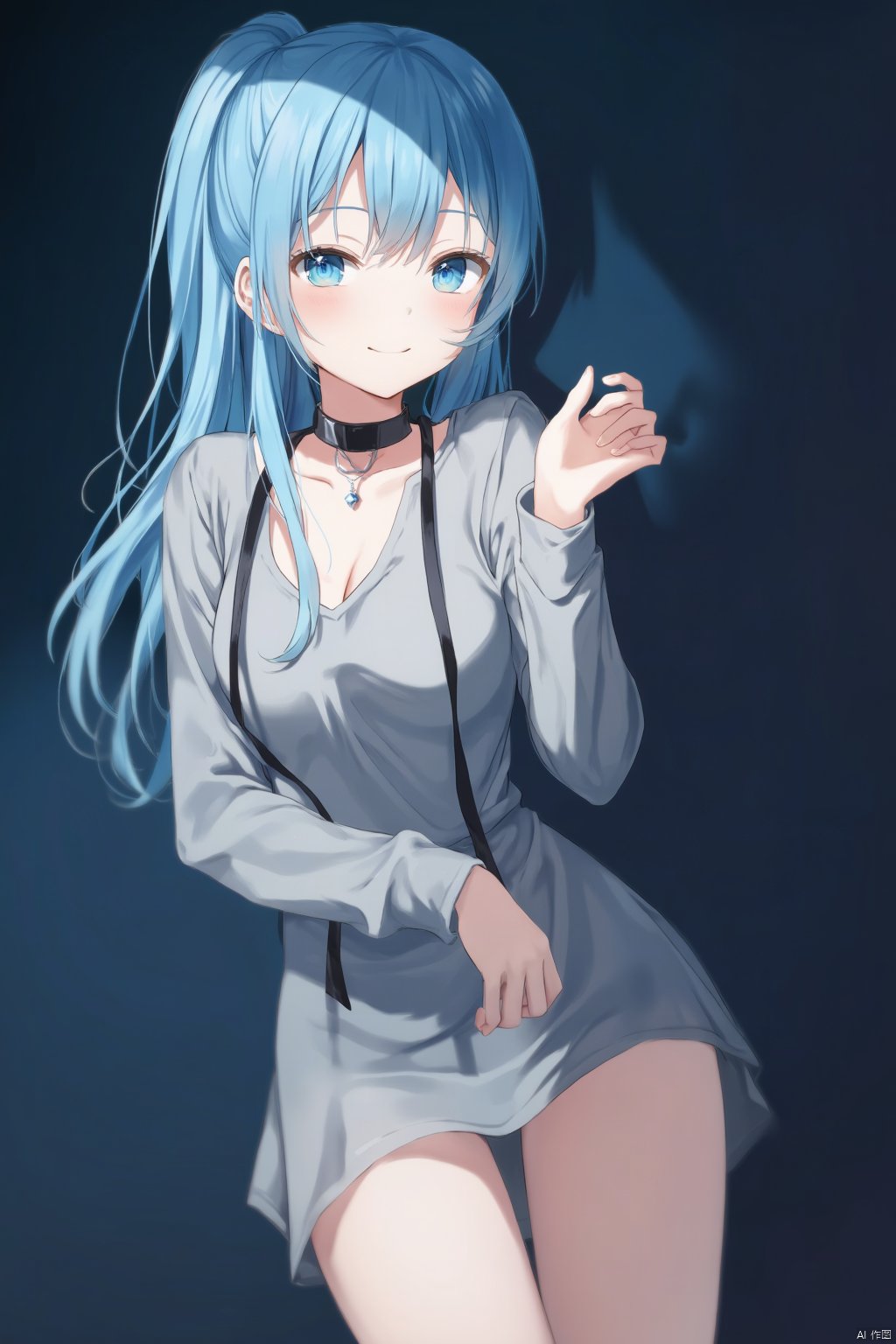 An animated image of an anime girl with long blue hair and blue eyes. She is wearing a gray dress with a black necklace around her neck. Her hair is pulled back in a ponytail. Her eyes are a piercing blue color. Her eyebrows are a light brown color. She has a slight smile on her face. Her left hand is raised in front of her body. Her right hand is resting on her hip. The background is a dark blue. Her shadow is on the right side of the image.