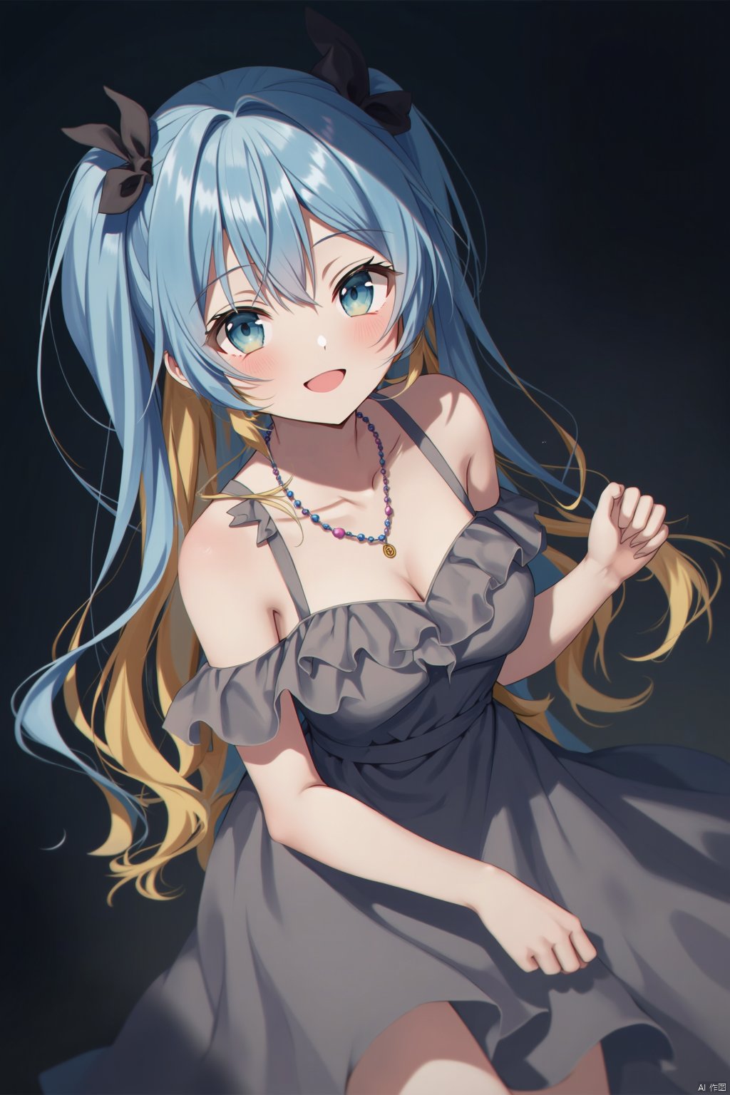 The image is an illustration of a young girl with long blue hair and blonde hair. She is wearing a gray dress with a ruffled neckline and a necklace. Her hair is styled in a half-up, half-down ponytail with a bow on top. She has a big smile on her face and is looking directly at the camera. The background is dark and there is a shadow of the girl on the right side of the image. The overall mood of the illustration is cheerful and playful.