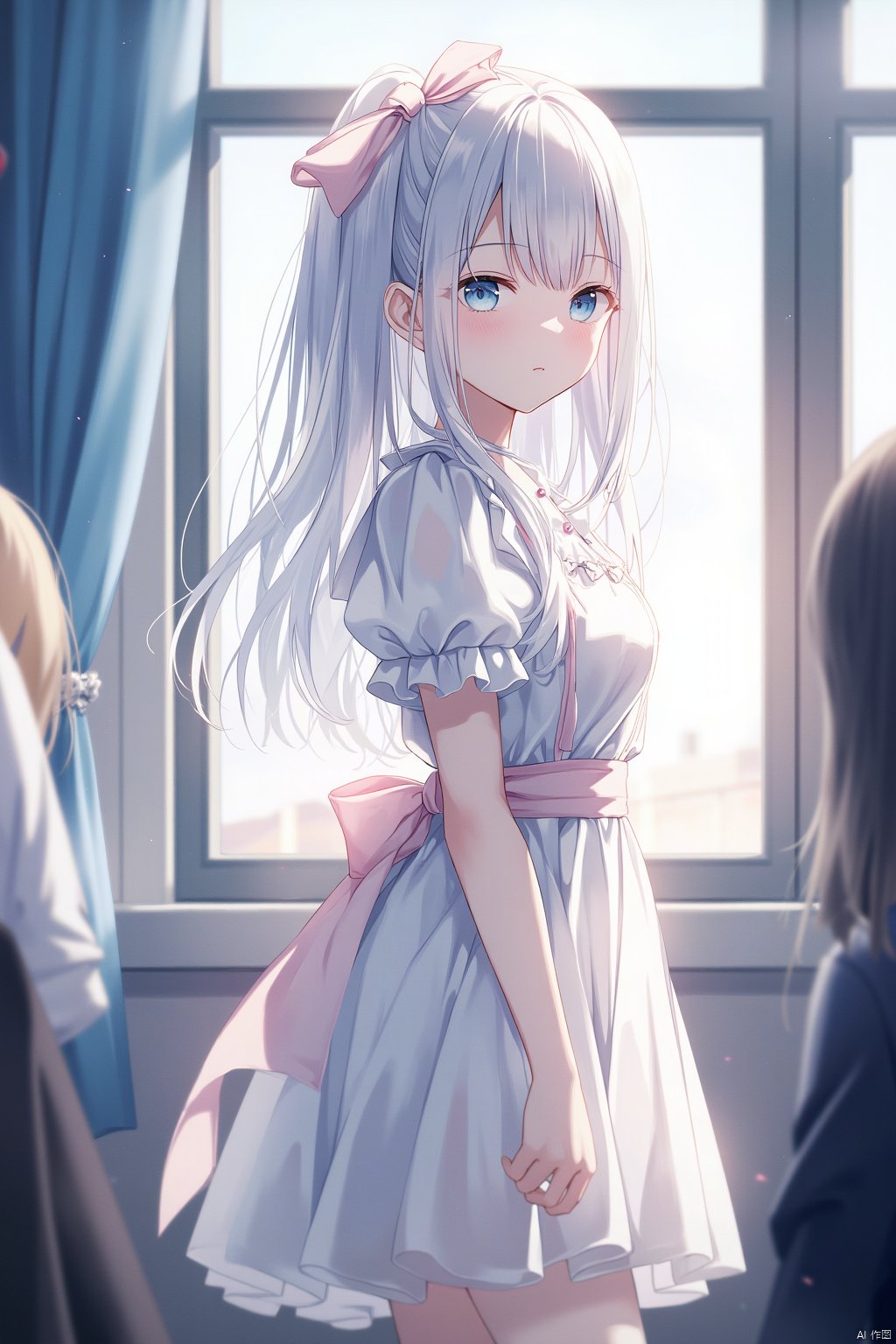 The image is an illustration of a young girl with long white hair and blue eyes. She is standing in front of a window with a blue curtain, and there are other people visible in the background. The girl is wearing a white dress with a pink ribbon tied around her waist and a pink bow on her head. She has a serious expression on her face and is looking off to the side. The overall mood of the image is peaceful and serene.