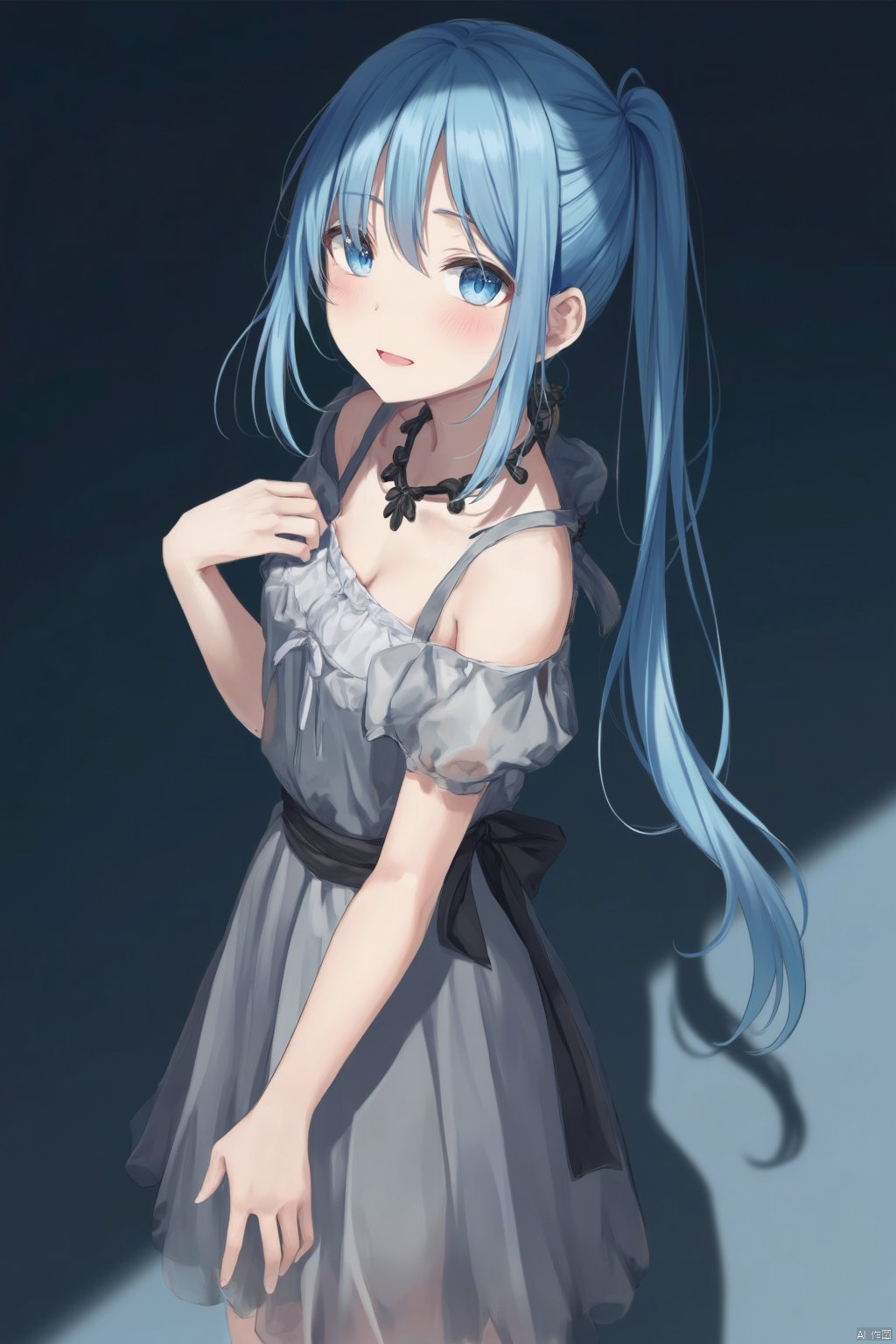 An animated image of an anime girl with long blue hair and blue eyes. She is wearing a gray dress with a black necklace around her neck. Her hair is pulled back in a ponytail. Her eyes are a piercing blue color. Her eyebrows are a light brown color. She has a slight smile on her face. Her left hand is raised in front of her body. Her right hand is resting on her hip. The background is a dark blue. Her shadow is on the right side of the image.