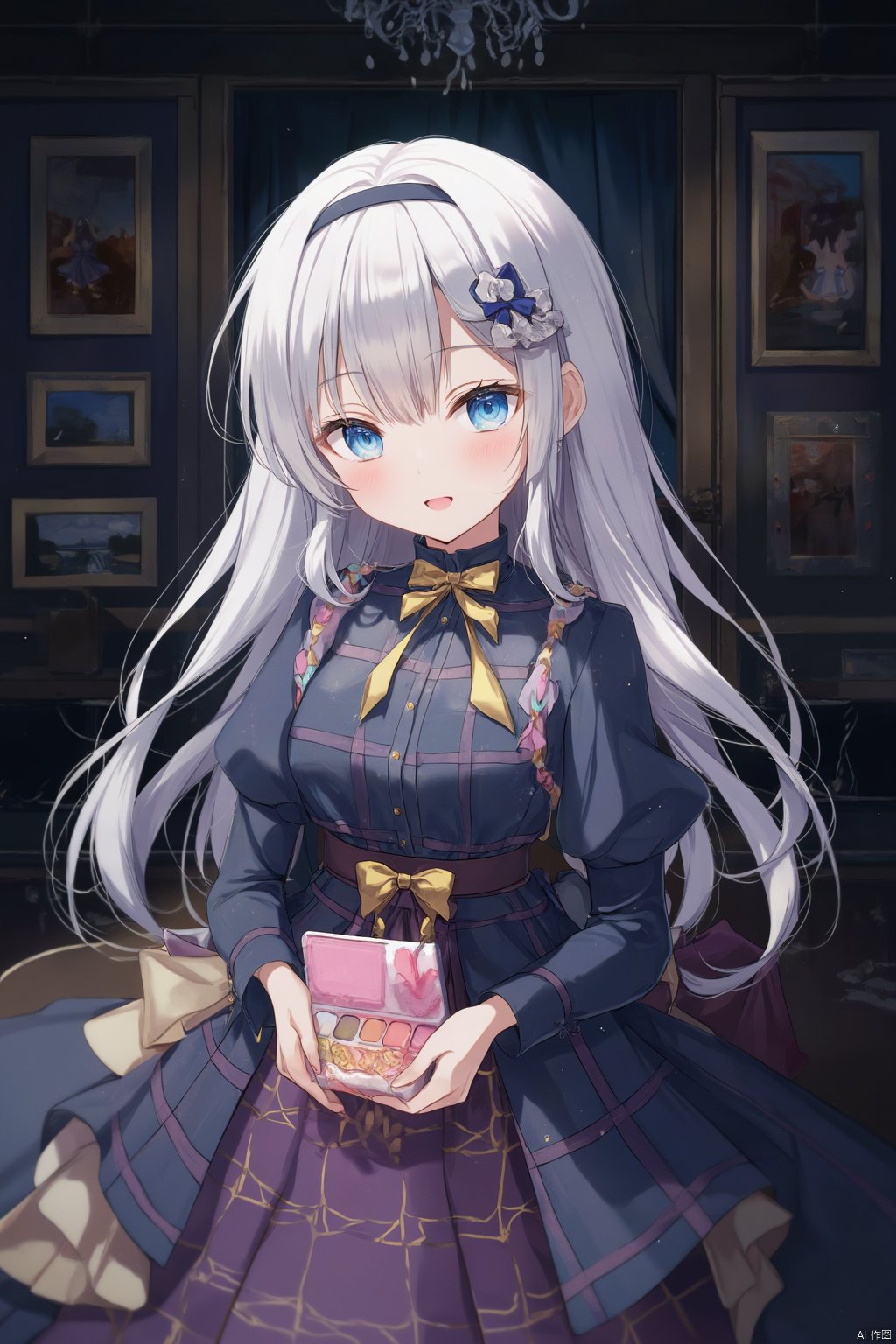 Anime style,The image is an illustration of a young girl with long white hair and blue eyes. She is wearing a blue and purple plaid dress with a gold bow on the waist. The dress has a high neckline and long sleeves. The girl is holding a small pink box with multiple compartments, which appears to be a makeup palette. The background is a dark room with a chandelier hanging from the ceiling and several framed pictures hanging on the wall. The overall mood of the image is romantic and whimsical.