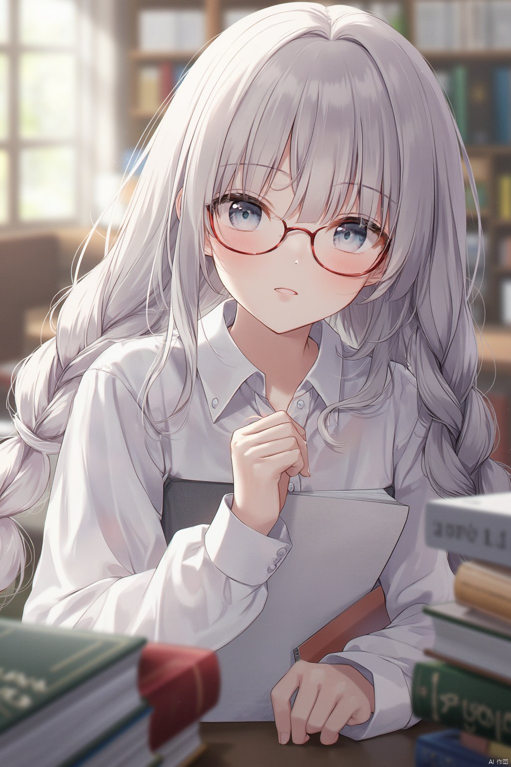 (masterpiece), (best quality), illustration, ultra detailed, hdr, Depth of field, (colorful),loli,1girl, solo, long hair, looking at viewer, bangs, shirt, white hair, holding, closed mouth, upper body, braid, glasses, collared shirt, white eyes, twin braids, book, holding book, red-framed eyewear, book stack