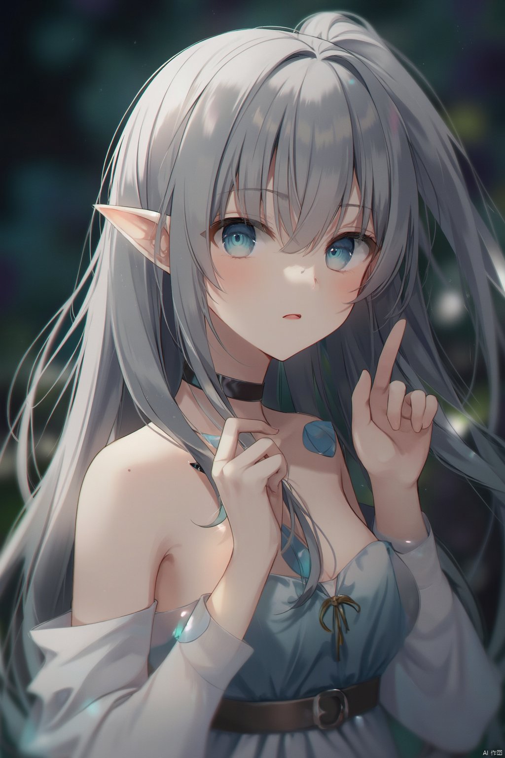 A long-haired elf girl with a ponytail, featuring grey hair, pointy ears, and blue eyes. She has a mole under her eye. The girl has parted lips and is shown in a side profile. The image focuses on her upper body, revealing bare shoulders and medium-sized breasts. Her hands are raised, and the background is blurred with a bokeh effect, creating a sense of depth. The overall scene has a soft and dreamy atmosphere.