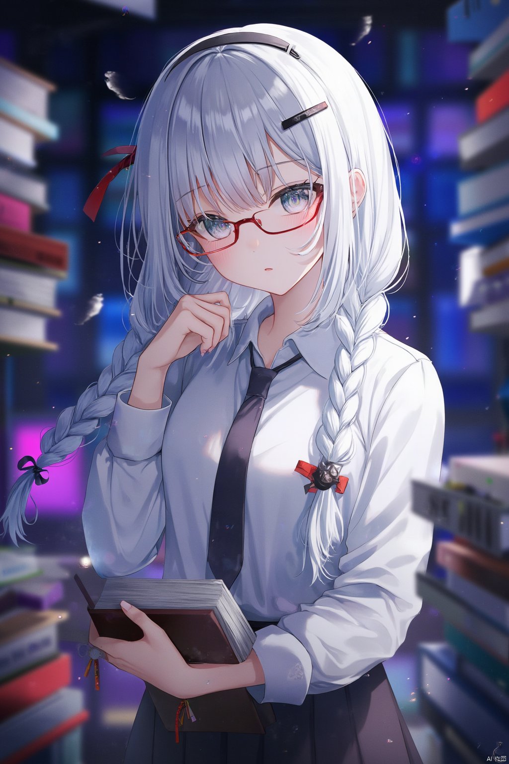 (masterpiece), (best quality), illustration, ultra detailed, hdr, Depth of field, (colorful),loli,1girl, solo, long hair, looking at viewer, bangs, shirt, white hair, holding, closed mouth, upper body, braid, glasses, collared shirt, white eyes, twin braids, book, holding book, red-framed eyewear, book stack