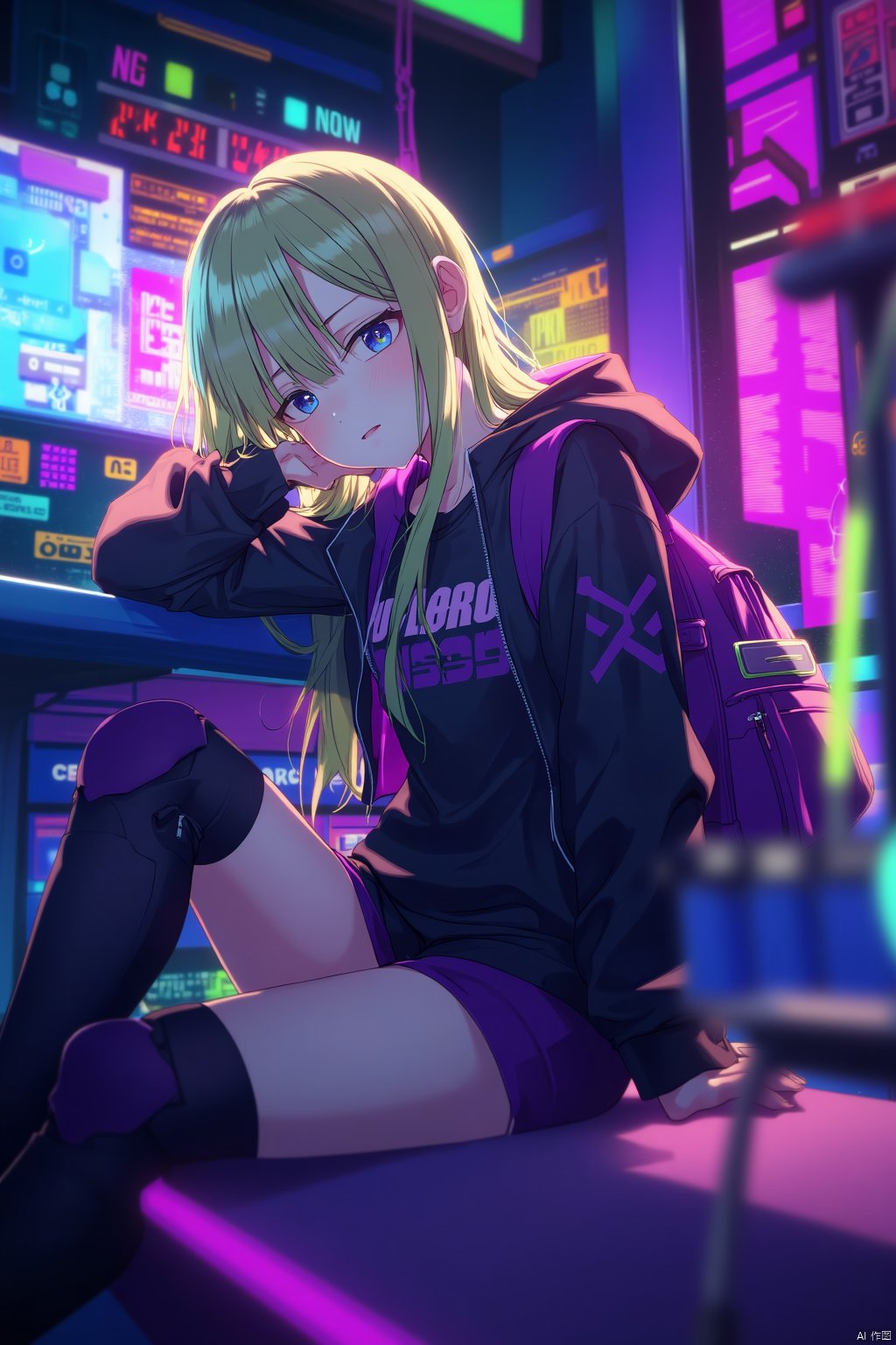 The image is an illustration of a young girl with long blonde hair and blue eyes sitting on a bench in front of a computer monitor. She is wearing a black and purple outfit with a futuristic design and has a backpack on her back. The girl is resting her head on her hand and appears to be deep in thought. The background is filled with colorful neon lights and cables, creating a futuristic and futuristic atmosphere. The overall mood of the image is one of concentration and focus.