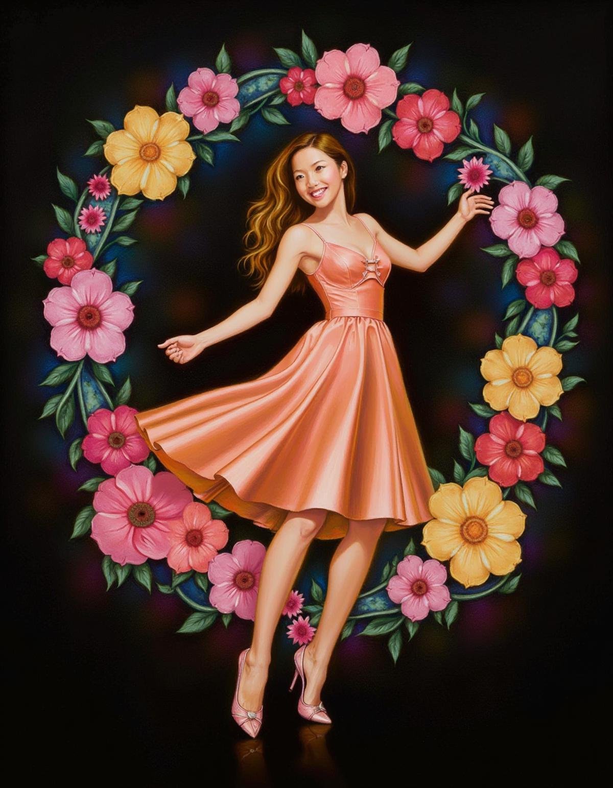 Chalk painting, Smiling Satin "Don't stop the music, just dance with me.", background is Interesting flowers, specular lighting, Cathode tube, (designed by Ross Tran:1.3) , <lora:pavSok:1> pavsok style, magical composition, epic, fertile, confident, radiant