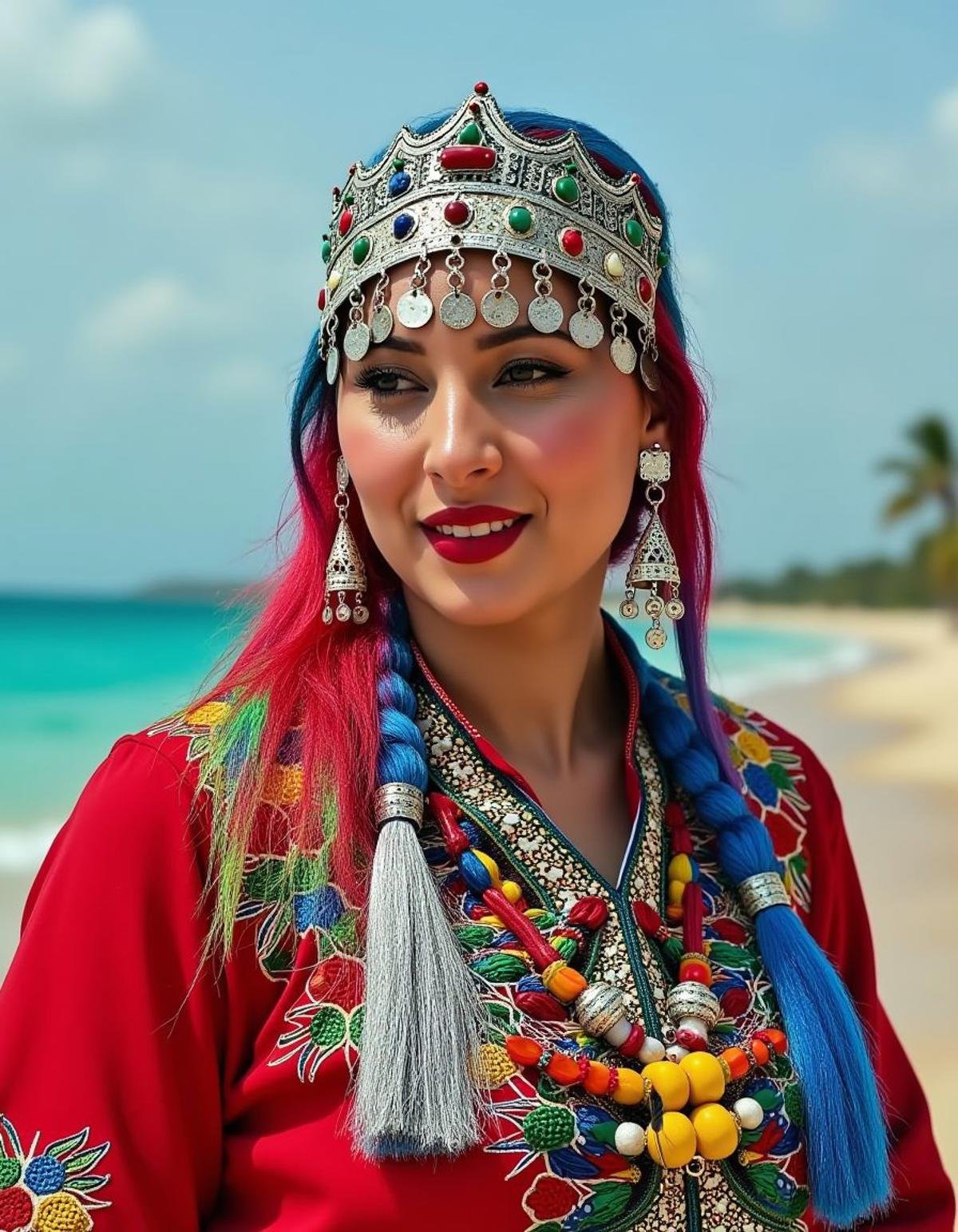 a woman in traditional outfit, surreal, (Michael Keaton:1.1) , he is very Soothing, ethereal, Colored hair styled as Undercut, Sephardic Glowing Ice Blue Eyes, inside a Yucatan Peninsula, Clear skies, Digital Art, 800mm lens, <lora:Tasfift_Flux.safetensors:1> adrr-tsfft, rich deep colors, magical atmosphere, complex, glossy, intense, original