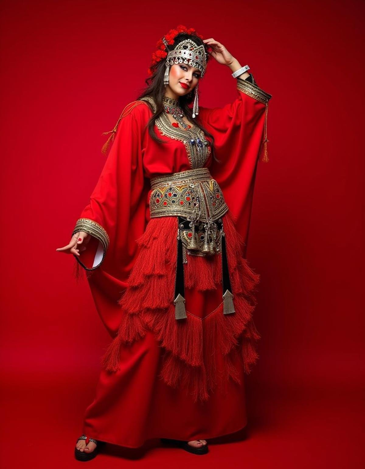 A woman in traditional outfit, (Crimson theme:0.7) , Oversized "Mana Breach", kinetic energy, Vaporwave, behance, <lora:Tasfift_Flux-000004:1>, theatrical, located artistic, professional creative, intense, positive emotional, illustrious, dynamic dramatic beautiful full taking, very, fabulous colors