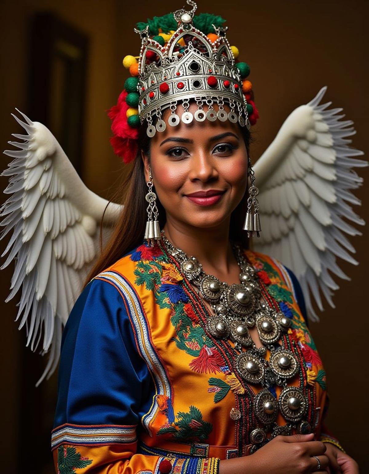 a woman in traditional outfit, Cinematic still, (Aunt:1.3) , the Aunt is Vibrant, Icy Wings, technologically driven, underglaze pattern, detailed brushwork, interior scenes, dressed in formal wear, Hyperrealistic wildlife sculptures, manipulation of natural landscapes, cinestill, indigenous, <lora:Tasfift_Flux.safetensors:1> adrr-tsfft, highly enhanced, atmosphere, highly color focused, perfect composition, beautiful, theatrical