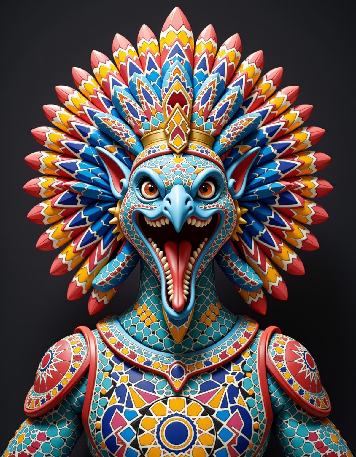 Made of adrr-zllj, "ZELLIJ FLUX"  3d, text logo art, TEXT LOGO, mobile game cover art, stylized by Dan Mumford, Artgerm, Greg Rutkowski and Andy Warhol, concept art, Full length frame of a charming exquisite (Quetzalcoatl:1.3) , High quality, intricate detailed face, Best quality, beautiful<lora:Zellij_Flux:0.8>