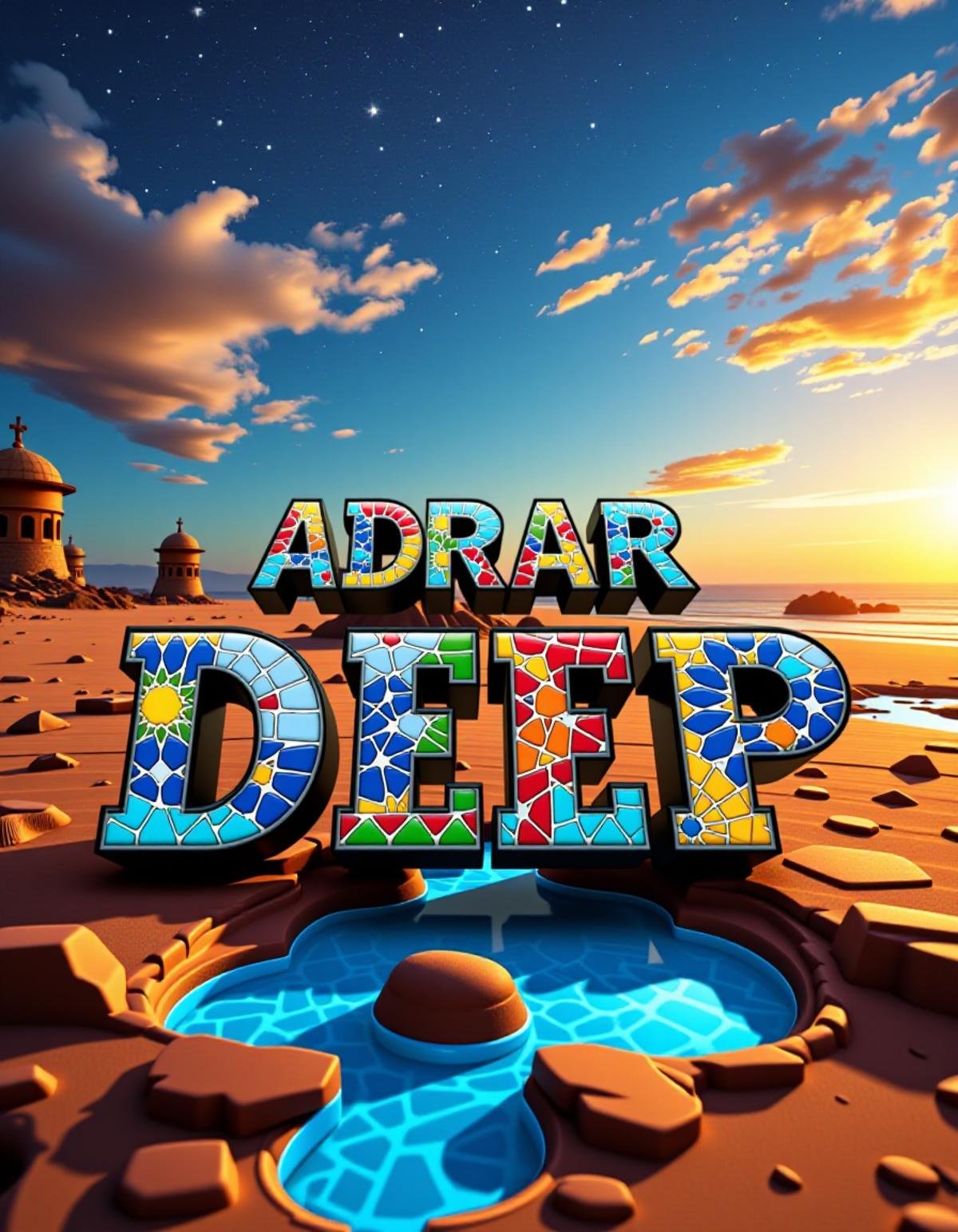 "ADRAR DEP" TEXT LOGO, 3d text, with background of landscape of a Nauru, Stars in the sky, breathtaking, award-winning, professional, highly detailed, vivid colors, intricate designs, colorful, patterns, intricate, rich colors, <lora:Zellij_Flux:1> adrr-zllj, mosaic tilework 