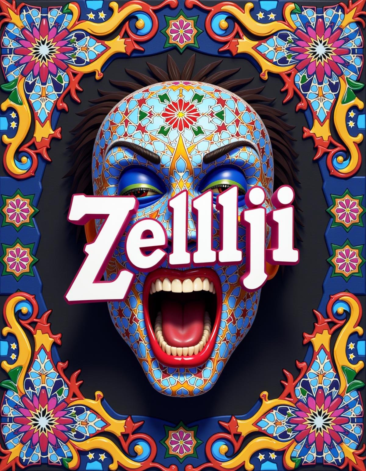 Made of adrr-zllj, (Zellij (TEXT LOGO:1.4)) , scream, background, Wide view, Cosy, 80mm, trending on CGSociety, background, vivid colors, patterns, intricate designs, colorful, rich colors<lora:Zellij_Flux:0.8>