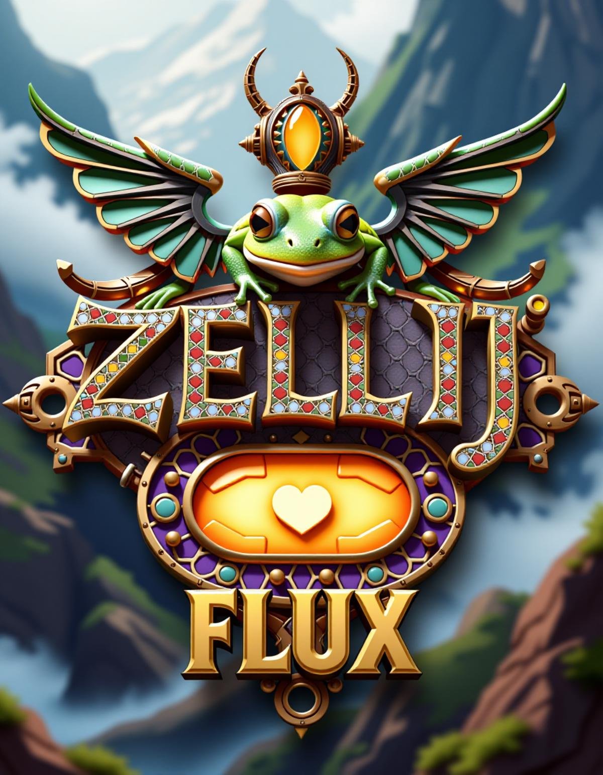 "ZELLIJ " main TEXT LOGO, scond Text "FLUX", 3d text, breathtaking, award-winning, professional, highly detailed, vivid colors, intricate designs, colorful, patterns, intricate, rich colors, <lora:Zellij_Flux:1> adrr-zllj, mosaic tilework,tinted photo, deep misty valley, glowing winged frog, steampunk