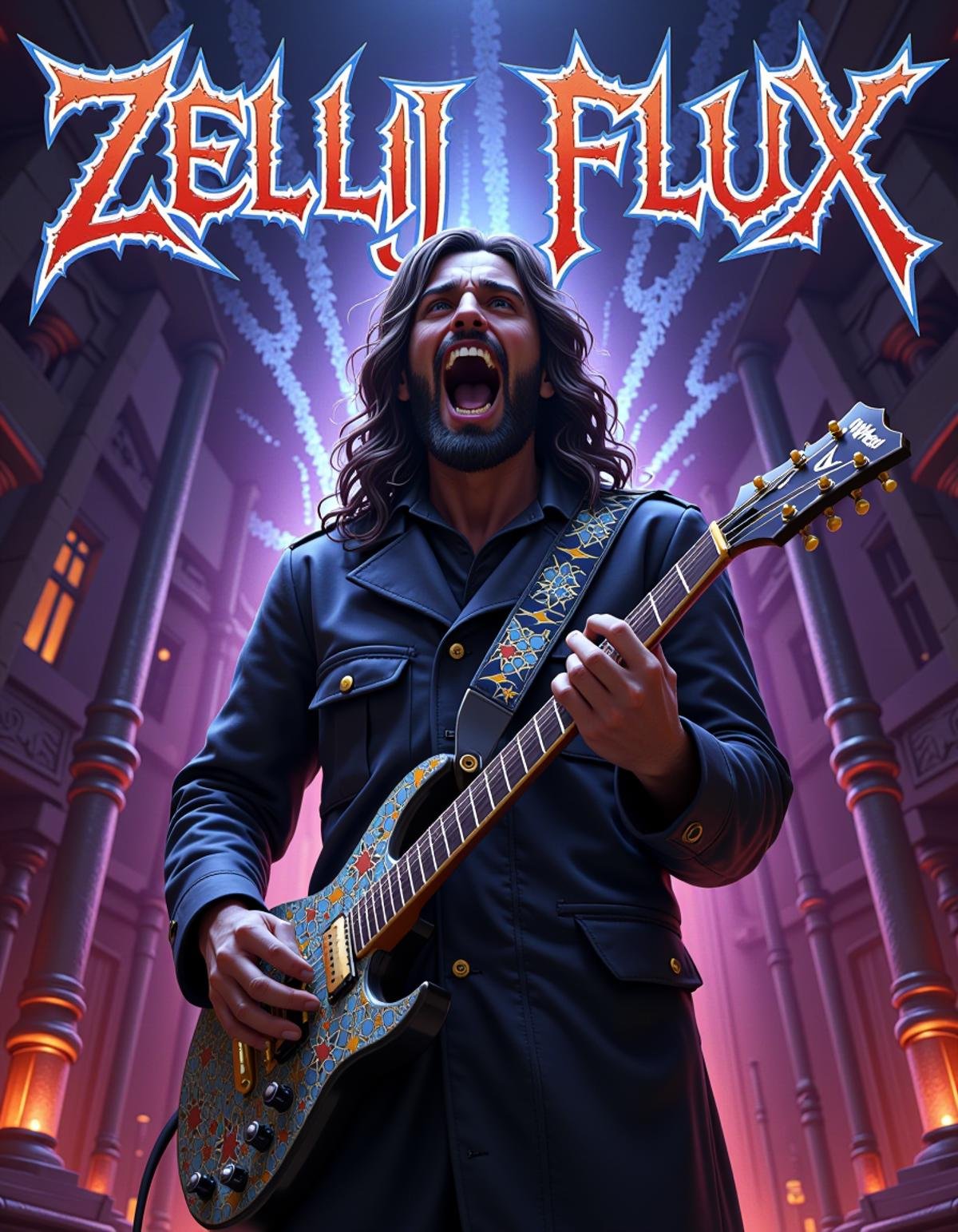 Made of adrr-zllj, "ZELLIJ FLUX"  text logo art, Guitar of DEVILS, Saturated, scream, natural lighting, unsettling atmosphere, a heavy metal album cover, <lora:Zellij_Flux:0.8>