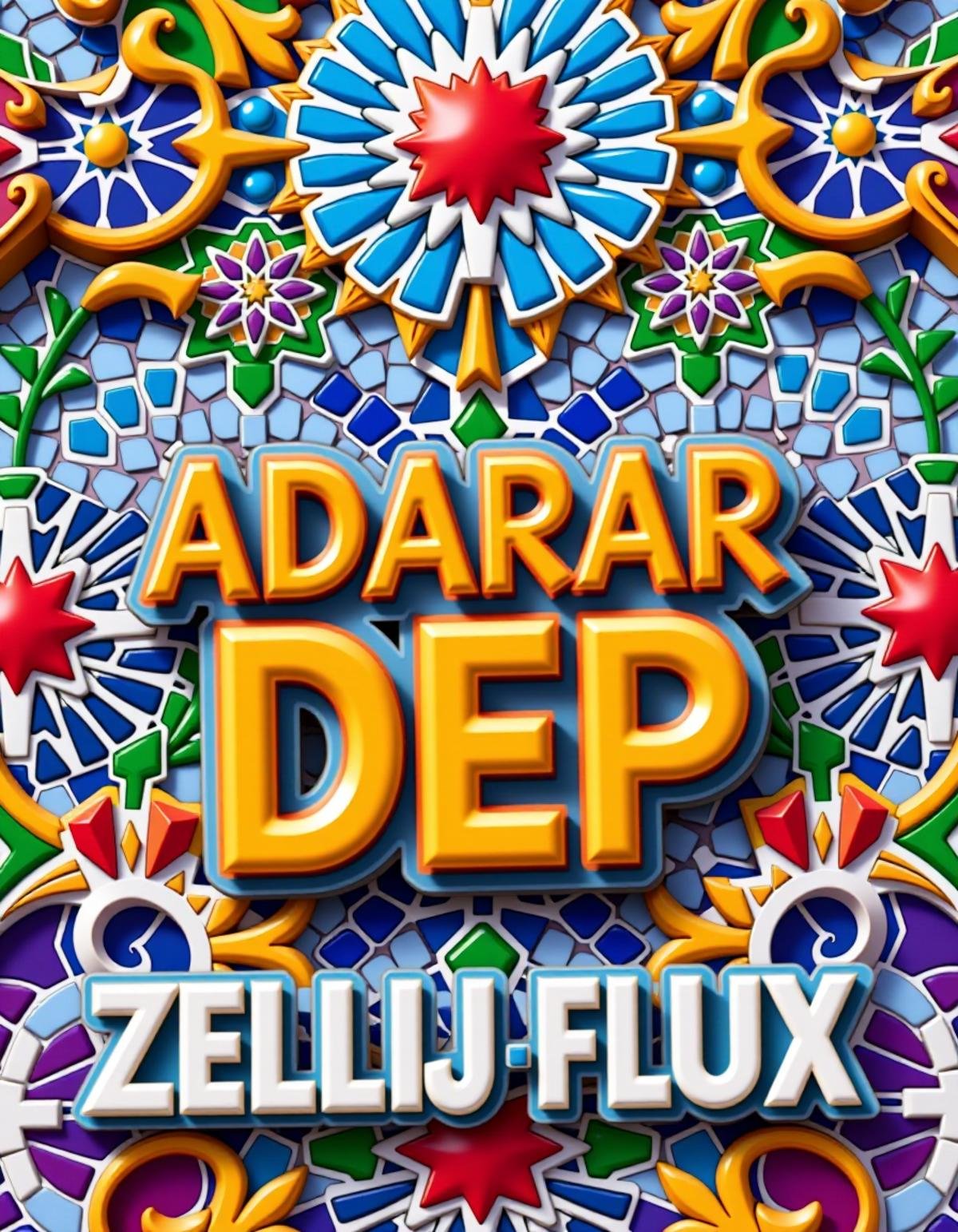 "ADRAR DEP " main TEXT LOGO, scond Text "ZELLIJ FLUX", 3d text, breathtaking, award-winning, professional, highly detailed, vivid colors, intricate designs, colorful, patterns, intricate, rich colors, <lora:Zellij_Flux:1> adrr-zllj, mosaic tilework