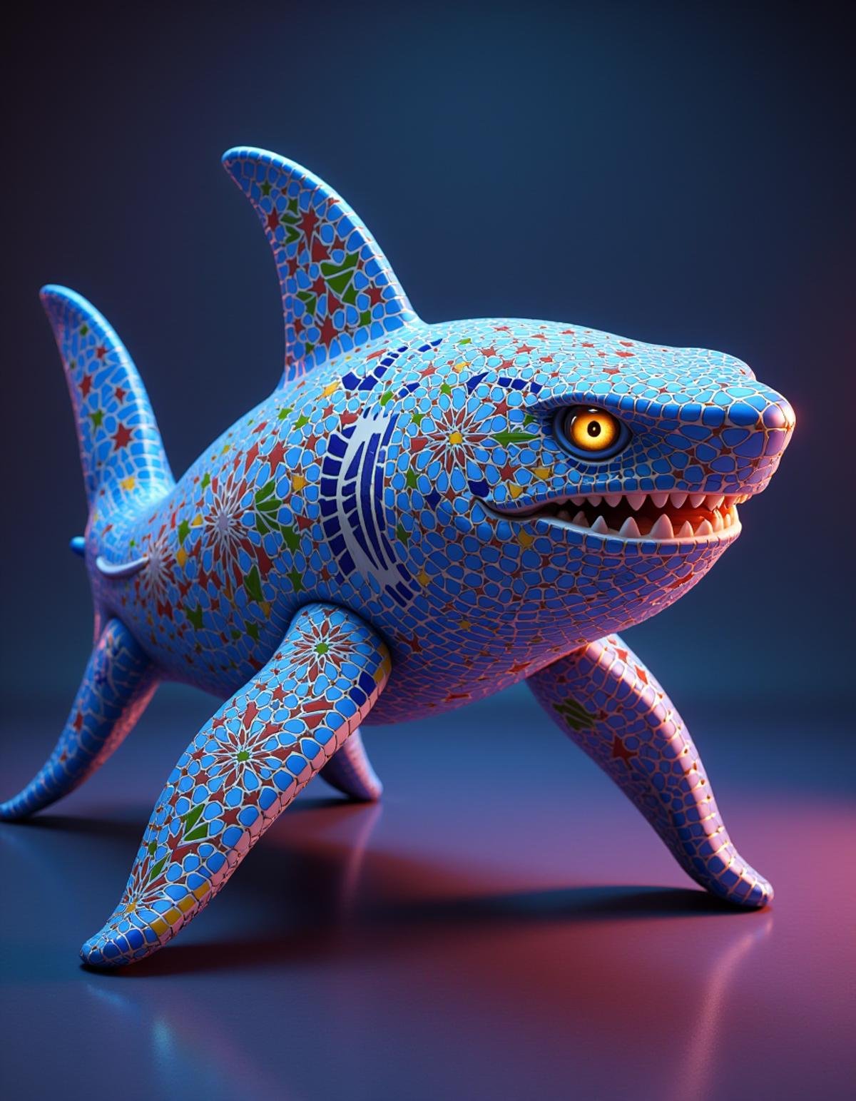 Made of adrr-zllj, a Shark, volumetric lighting, Best quality breathtaking, background, geometric patterns, vibrant colors, intricate details <lora:Zellij_Flux:1>