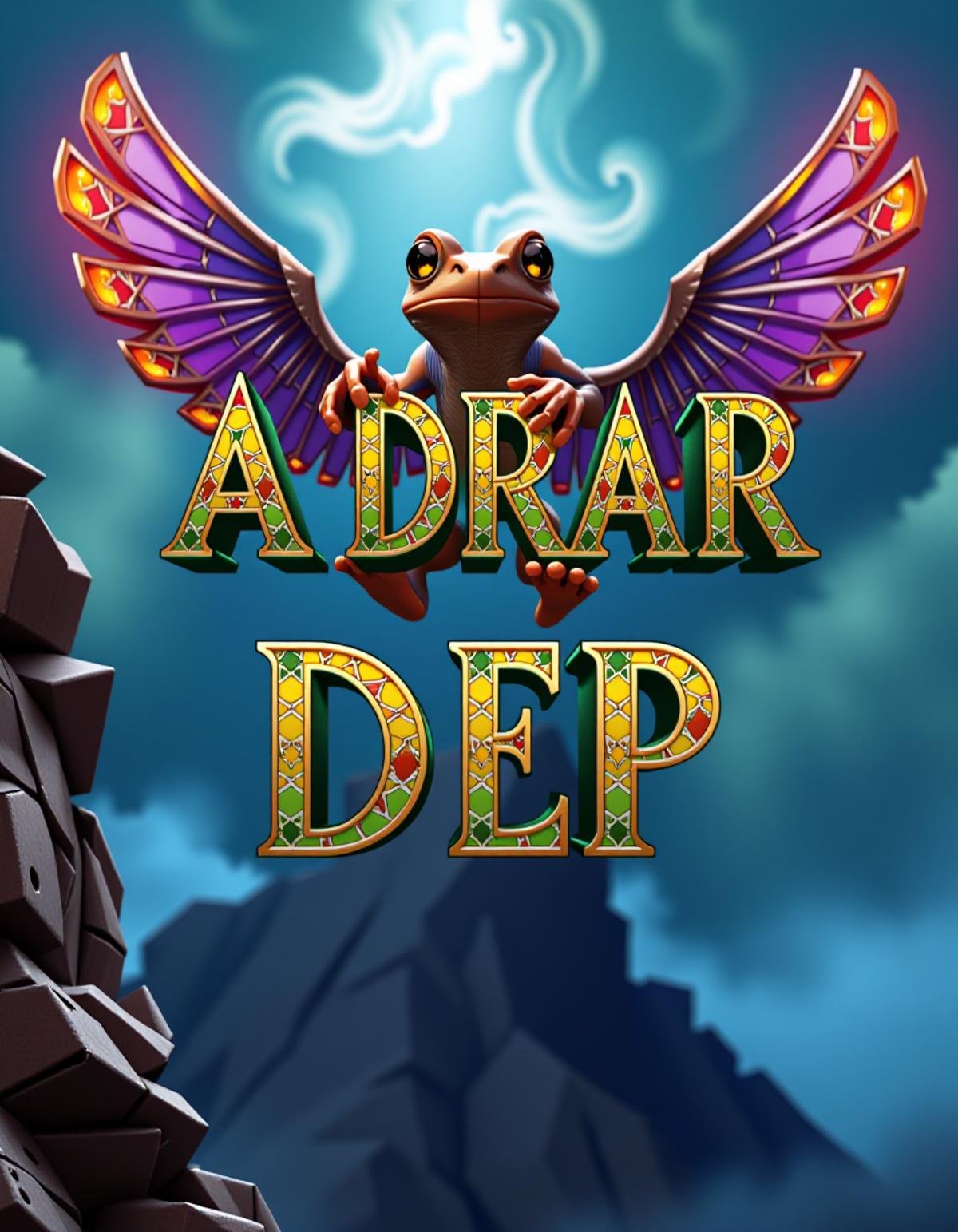 "ADRAR DEP " main TEXT LOGO, scond Text "ZELLIJ FLUX", 3d text, breathtaking, award-winning, professional, highly detailed, vivid colors, intricate designs, colorful, patterns, intricate, rich colors, <lora:Zellij_Flux:1> adrr-zllj, mosaic tilework,tinted photo, deep misty valley, glowing winged frog, steampunk