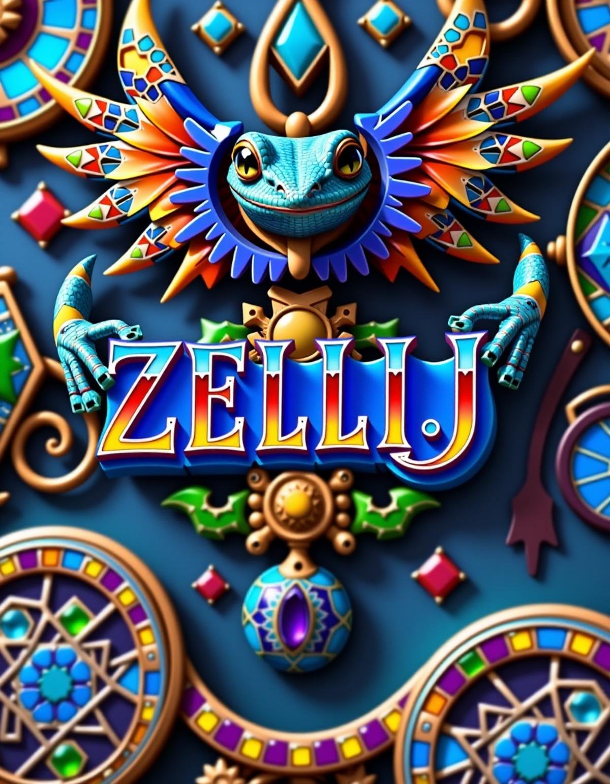 "ZELLIJ " main TEXT LOGO, scond Text "FLUX", 3d text, breathtaking, award-winning, professional, highly detailed, vivid colors, intricate designs, colorful, patterns, intricate, rich colors, <lora:Zellij_Flux:1> adrr-zllj, mosaic tilework,tinted photo, deep misty valley, glowing winged frog, steampunk