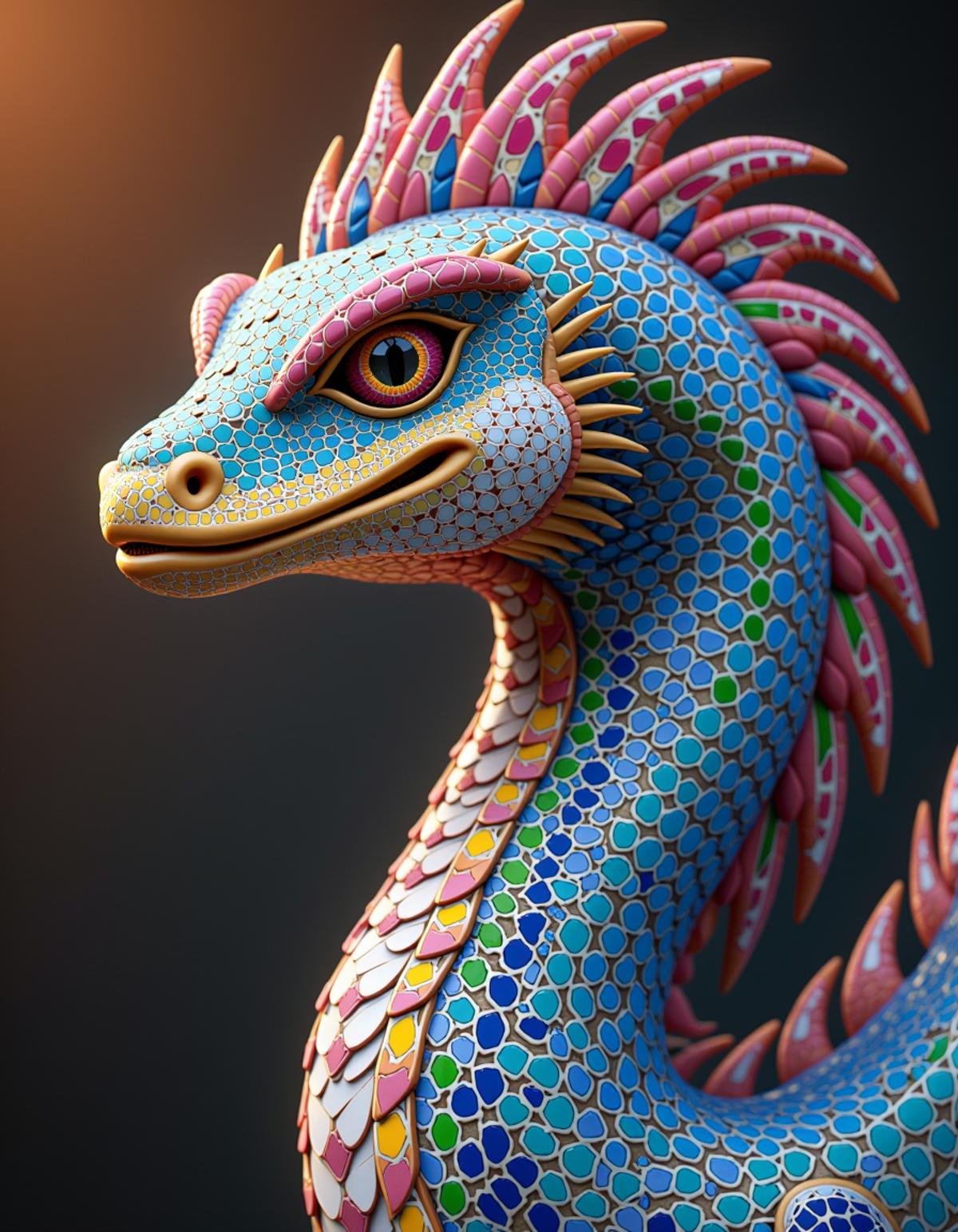 Made of adrr-zllj, Quetzalcoatl, volumetric lighting, Best quality breathtaking, background, geometric patterns, vibrant colors, intricate details <lora:Zellij_Flux:0.8>