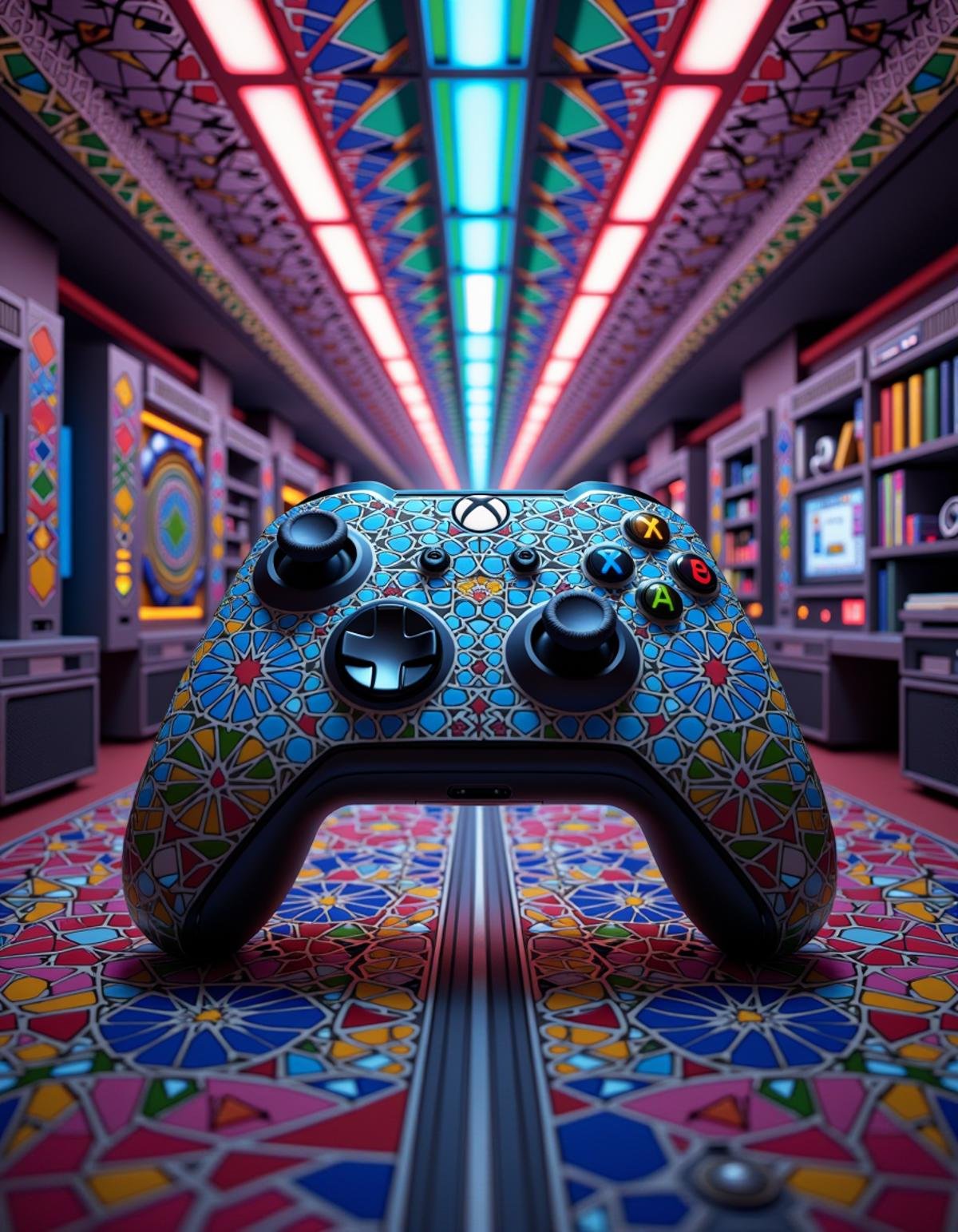 Made of adrr-zllj, xbox controler, volumetric lighting, Best quality breathtaking, background, geometric patterns, vibrant colors, intricate details <lora:Zellij_Flux:0.8>