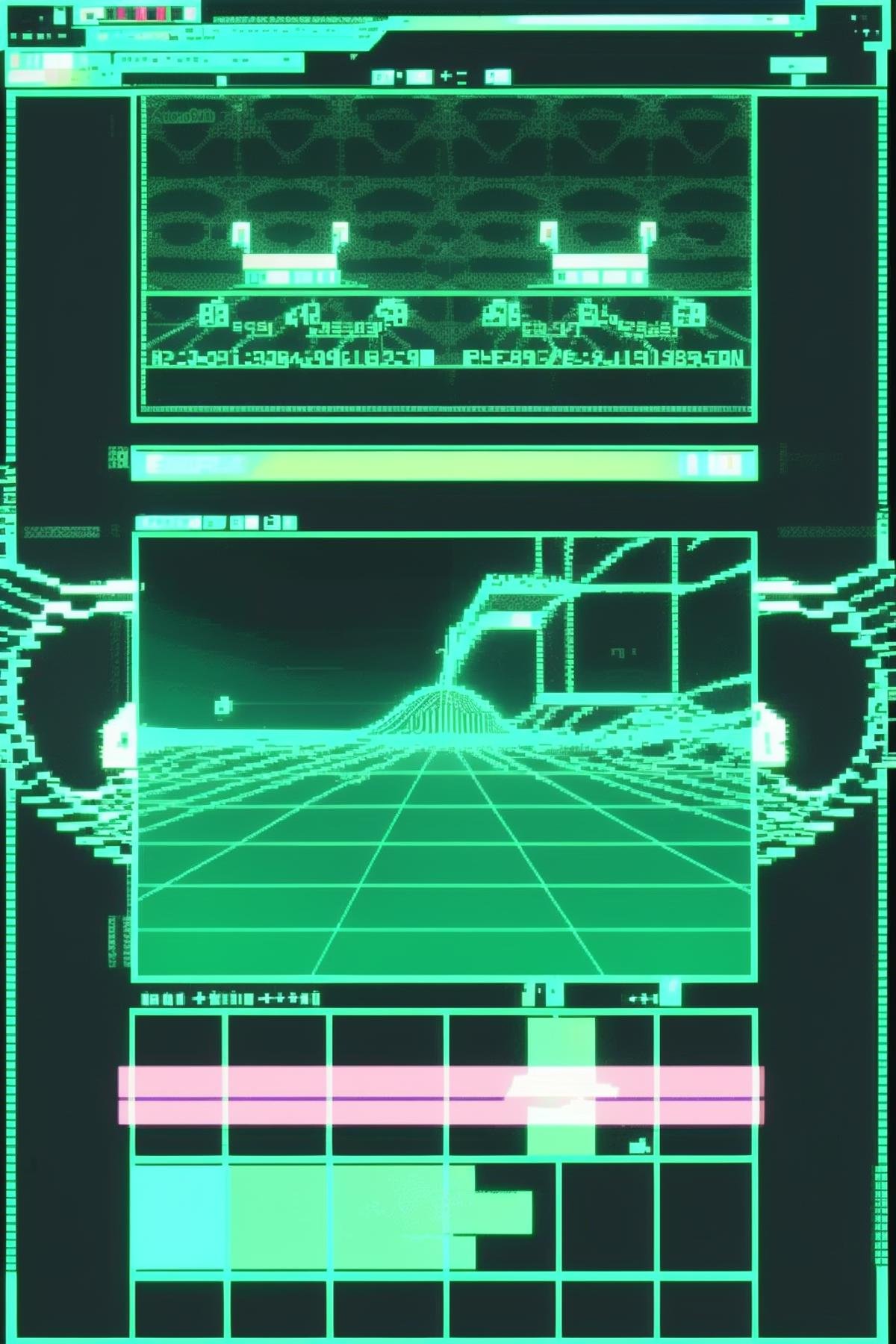 a computer screen with a wave pattern on it's display screen and a green screen showing the time, Epsylon Point, vfx, computer graphics, video art , cyber_ui