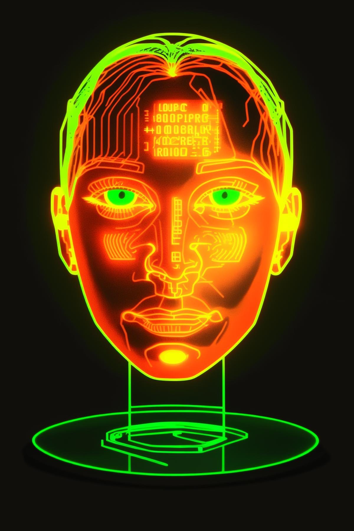 a computer generated image of a face on a plate with a wire mesh design around it and a red and green circle, Beeple, volumetric lights, a raytraced image, holography , cyber_ui