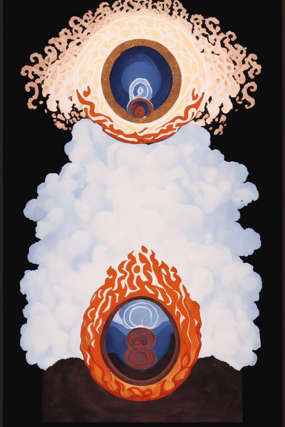 a painting of a person in a circle surrounded by clouds , solo, cloud, no humans, fire, mountain, sun