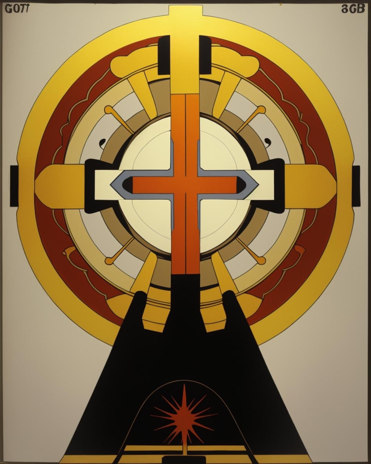 a painting of a cross with a sun in the middle , solo, looking at viewer, simple background, standing, pokemon (creature), no humans, colored skin, border, own hands together, straight-on, shiny pokemon