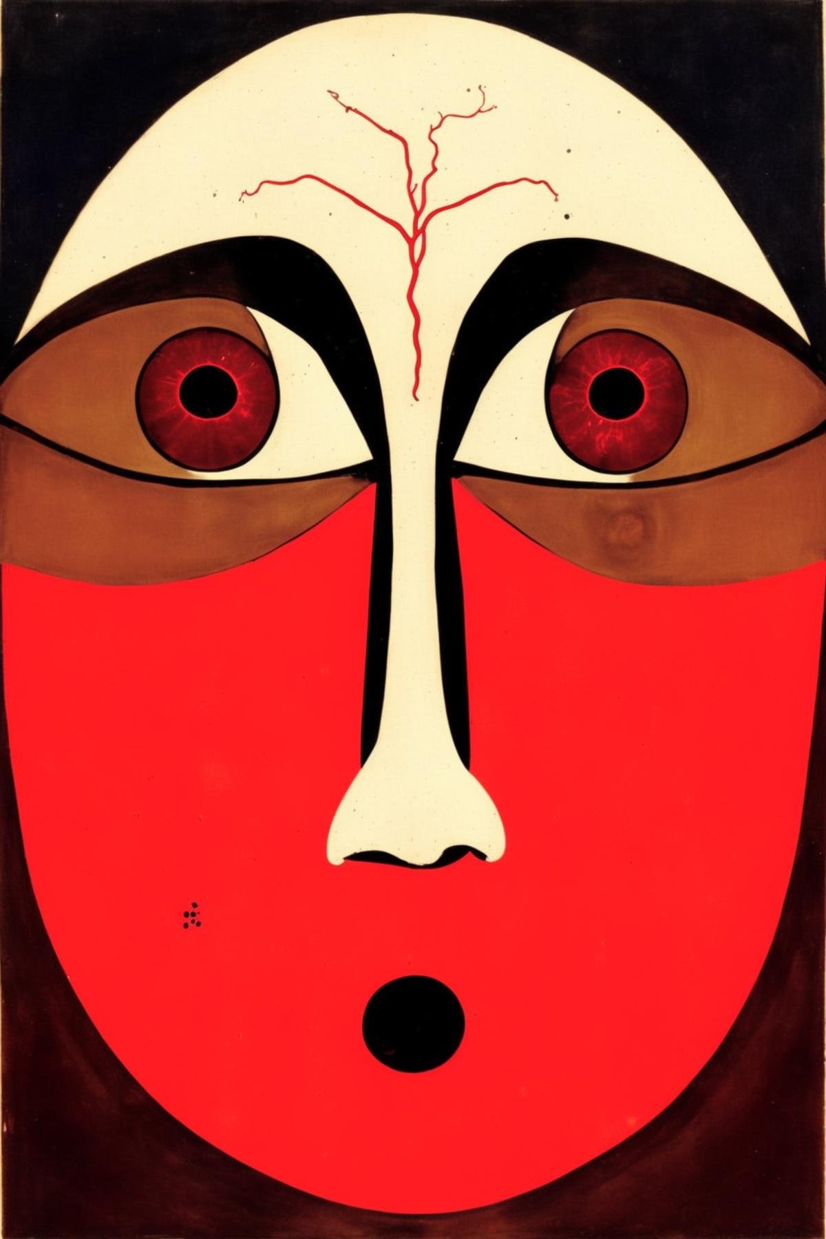 a painting of a face with a red eye , 1girl, solo, looking at viewer, red eyes , a person holding a pair of scissors over their eyes