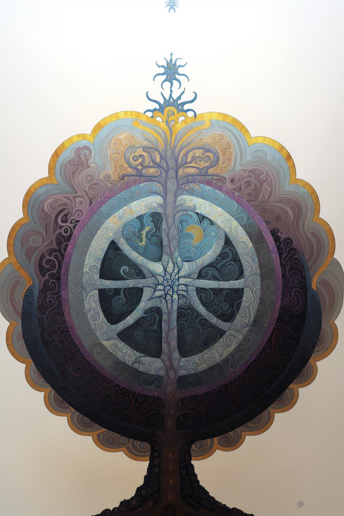 a painting of a tree with a swirly design on it's side and a tree on top of it, Amanda Sage, dmt, a surrealist painting, metaphysical painting, occult , Alasdair Gray, comic cover art, a gouache, metaphysical painting , a drawing of a flower with a star above it , solo, white background, signature, no humans, traditional media