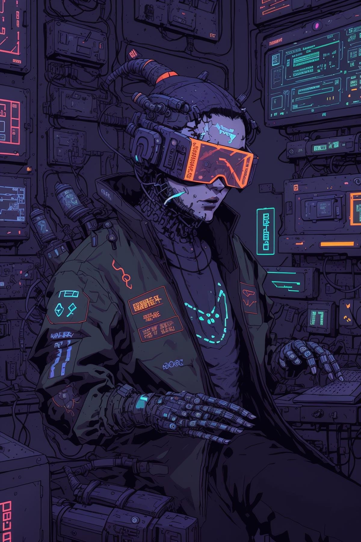 anime style , Hacker's den, a dimly lit room filled with vintage computers and towering holographic screens, a sanctuary of code and chaos. , Cyberpunk_Anime