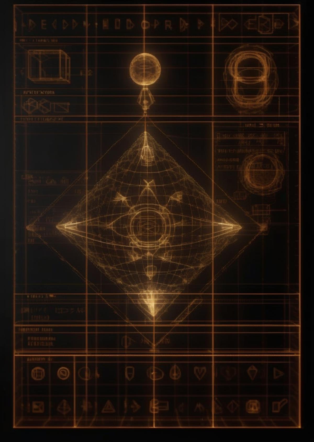 a screenshot , EtherGlyph Projection: Ancient symbols projected into the air, transformed through motion and touch. , Epsylon Point, vfx, computer graphics,  (cgi, a wireframe) diagram, net art<lora:cyberui_sdxl:1.0>