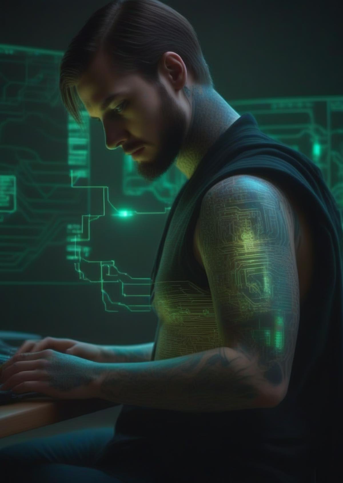 Blade-wielding hacker, illuminated circuit tattoos tracing across their skin as they infiltrate a corporate data fortress.<lora:cyberui_sdxl:1.0>