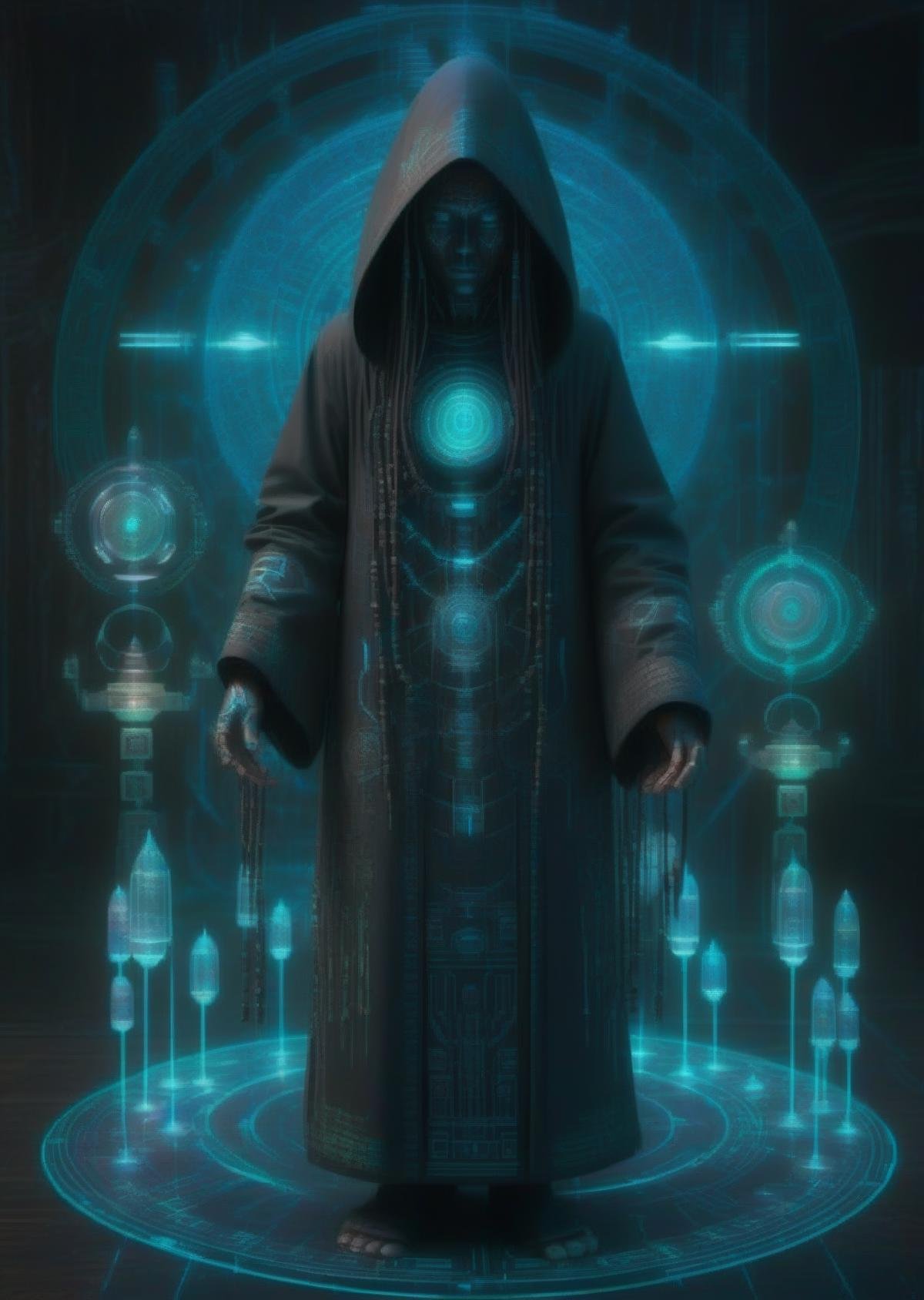 Techno shaman, hooded figure surrounded by holographic totems, channeling ancient rituals through futuristic interfaces.<lora:cyberui_sdxl:1.0>