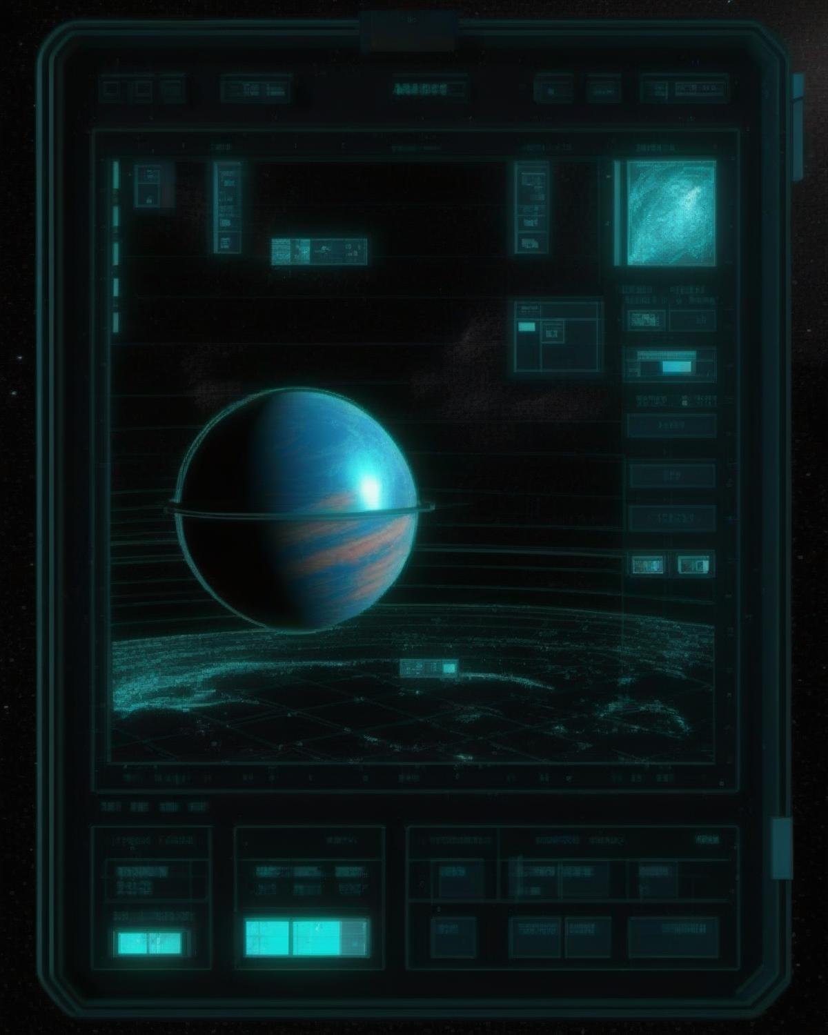 a 3d planet on a spacecraft interface, <lora:cyberui_sdxl:1.0>