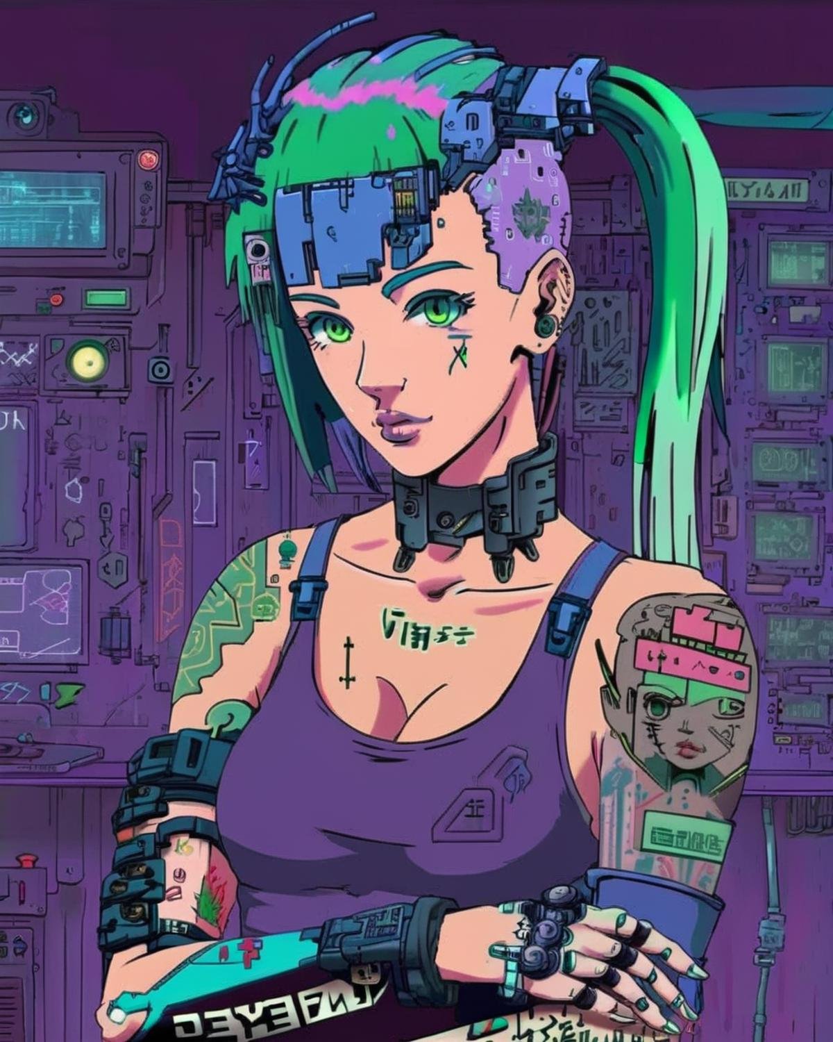 anime, a woman with a green hair and a tattoo on her arm ,  cyberpunk, cyberpunk art, retrofuturism<lora:Cyberpunk _Anime_sdxl:1.0>