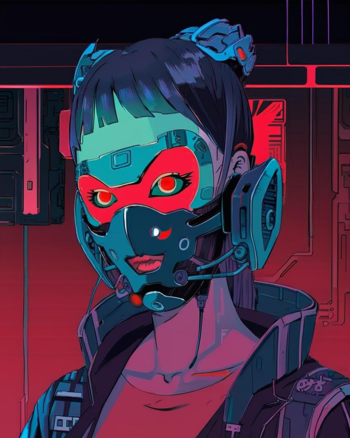 anime, a woman with a face mask and a red light ,  cyberpunk, cyberpunk art, retrofuturism<lora:Cyberpunk _Anime_sdxl:1.0>