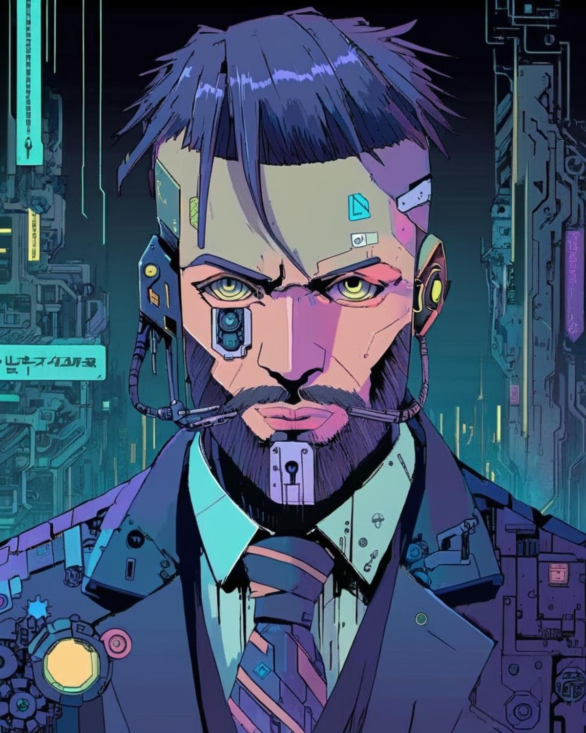 anime, a man with a beard and a tie ,  cyberpunk, cyberpunk art, retrofuturism<lora:Cyberpunk _Anime_sdxl:1.0>