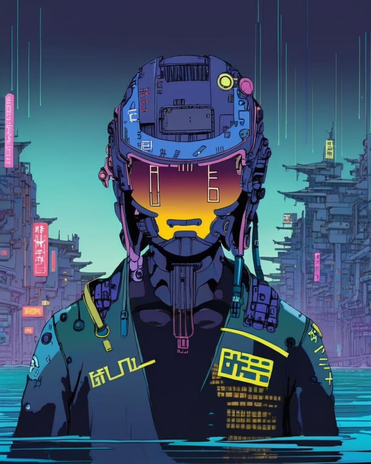 anime, a man with a helmet on standing in the water ,  cyberpunk, cyberpunk art, retrofuturism<lora:Cyberpunk _Anime_sdxl:1.0>