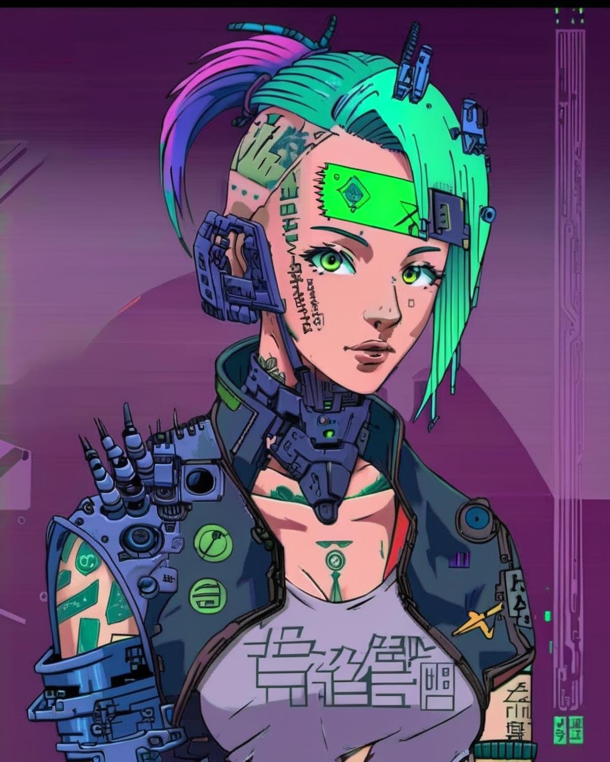 anime, a woman with a green hair and a tattoo on her arm ,  cyberpunk, cyberpunk art, retrofuturism<lora:Cyberpunk _Anime_sdxl:1.0>